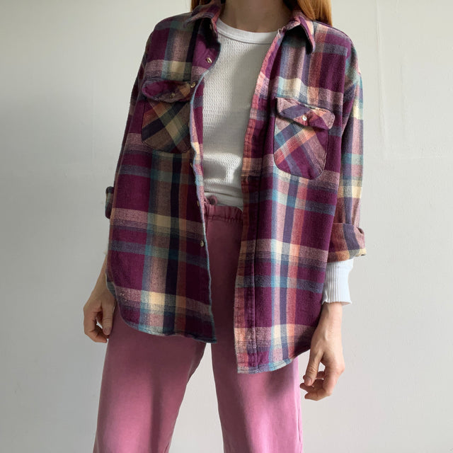 1990s/00s Magenta and Camel Slouchy Cotton Flannel