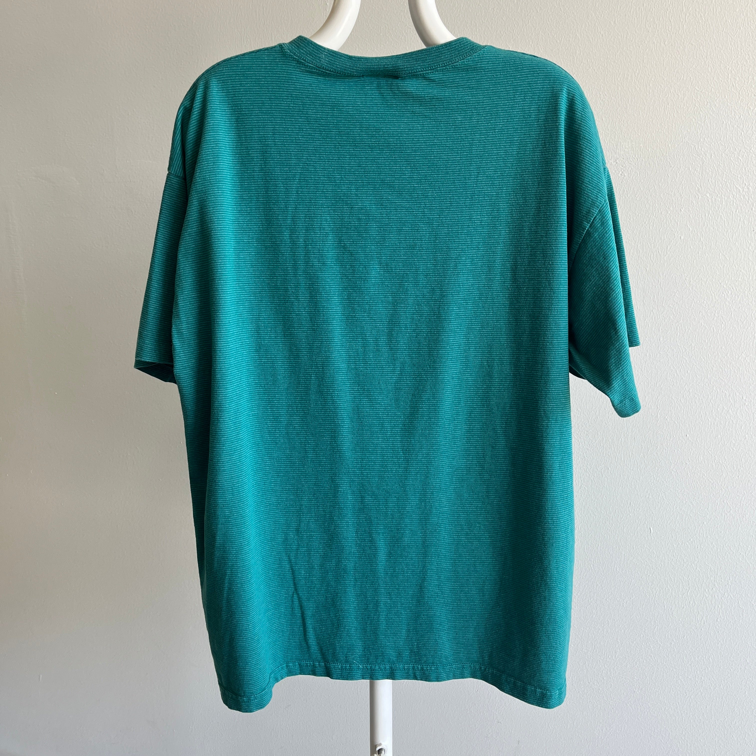 1990s Blank Pinstriped Teal T-Shirt