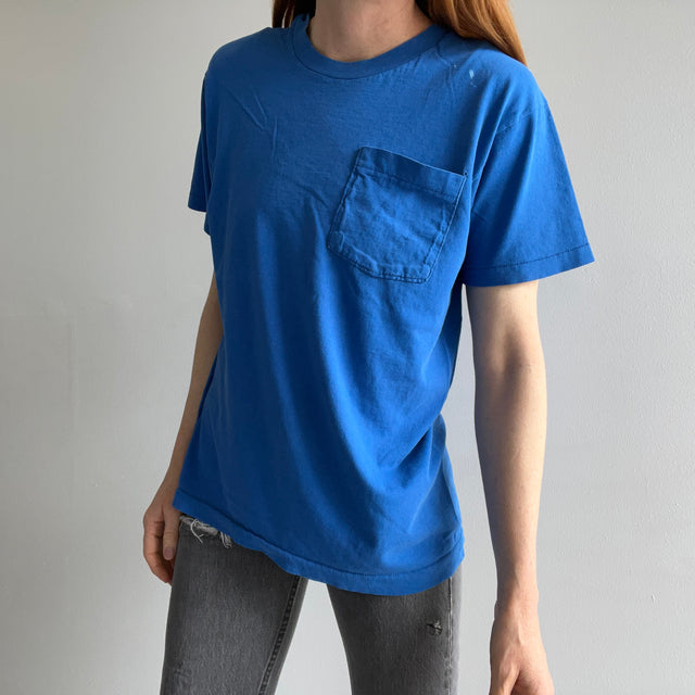1980s Faded to Perfection Blank Royal/Sky Blue Pocket T-Shirt