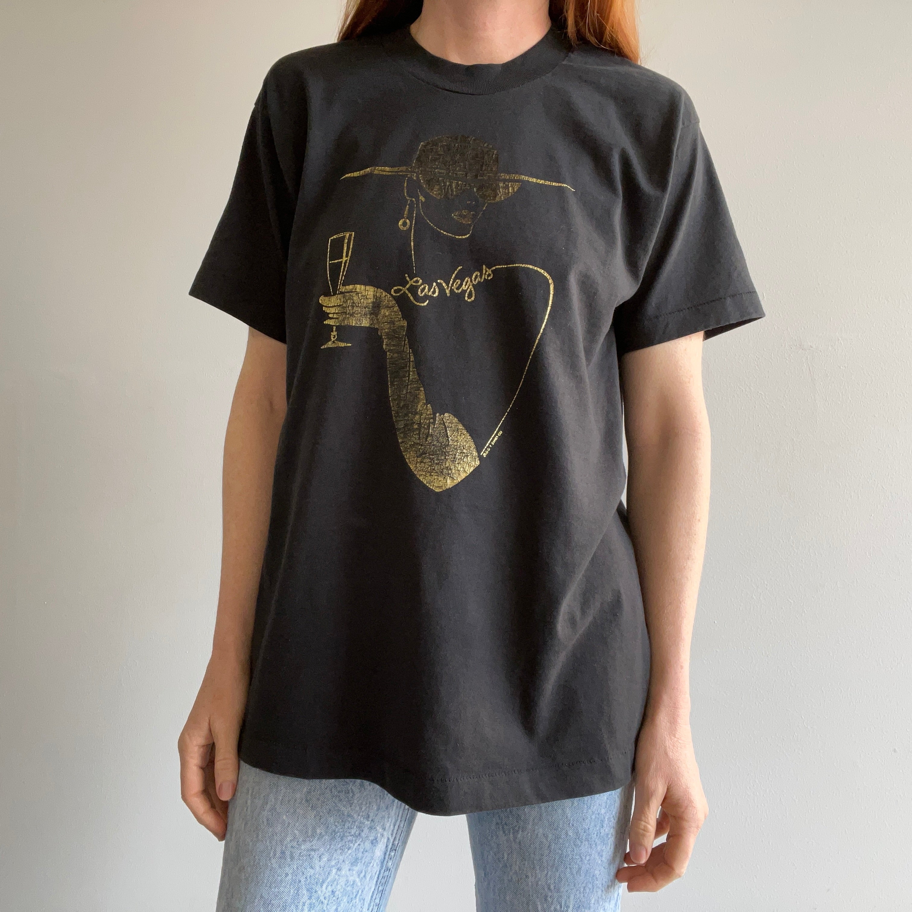 T-shirt de touriste noir et or Las Vegas des années 1980 - WOWZA