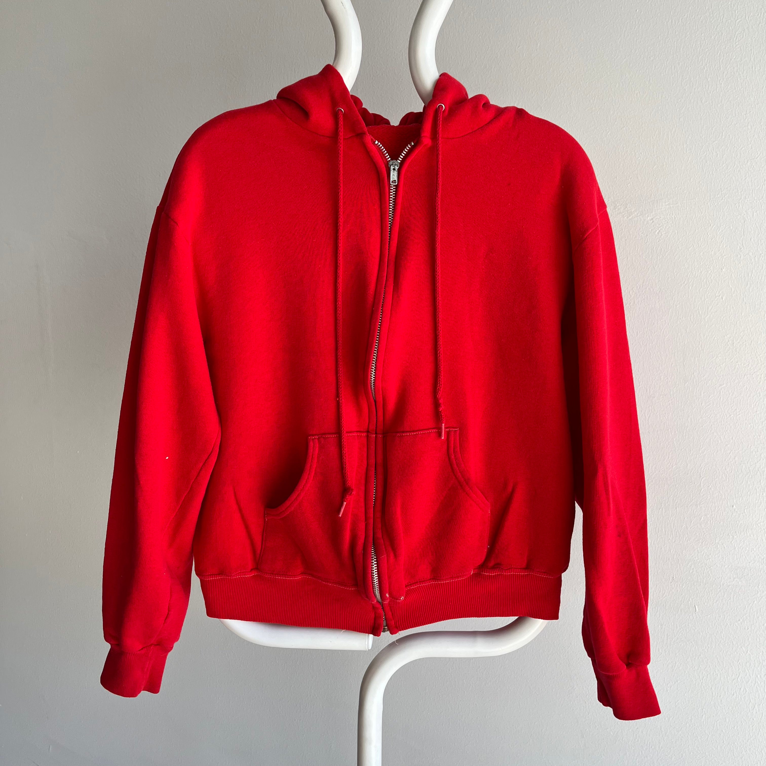 Sweat à capuche zippé rouge taché des années 1980