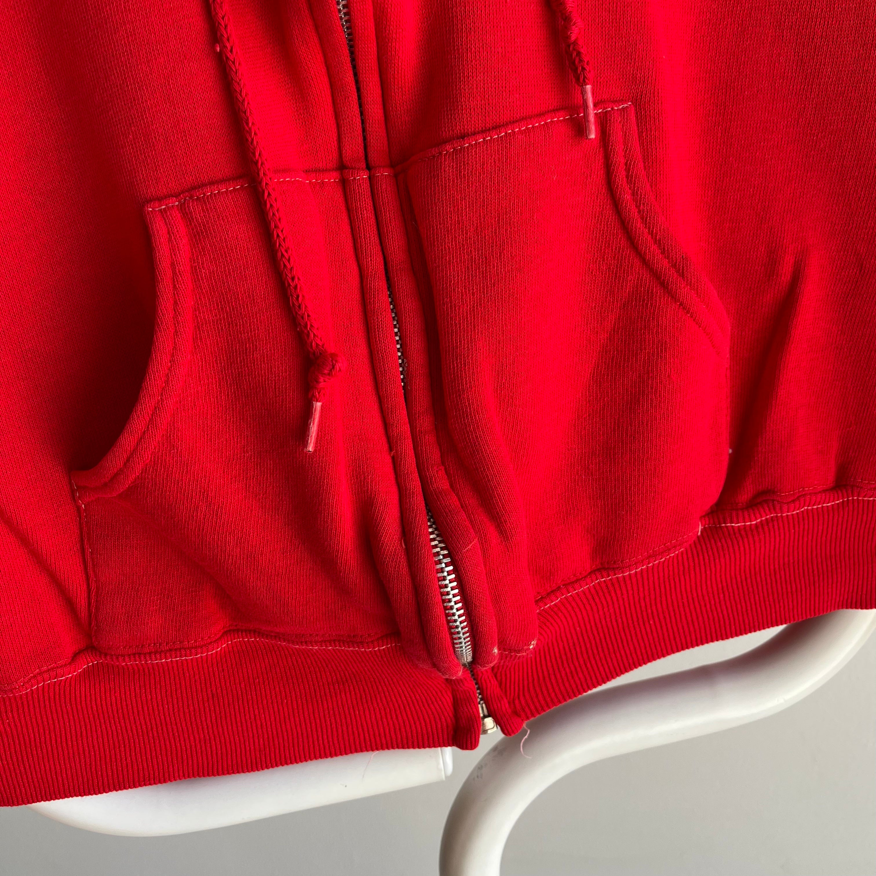 Sweat à capuche zippé rouge taché des années 1980