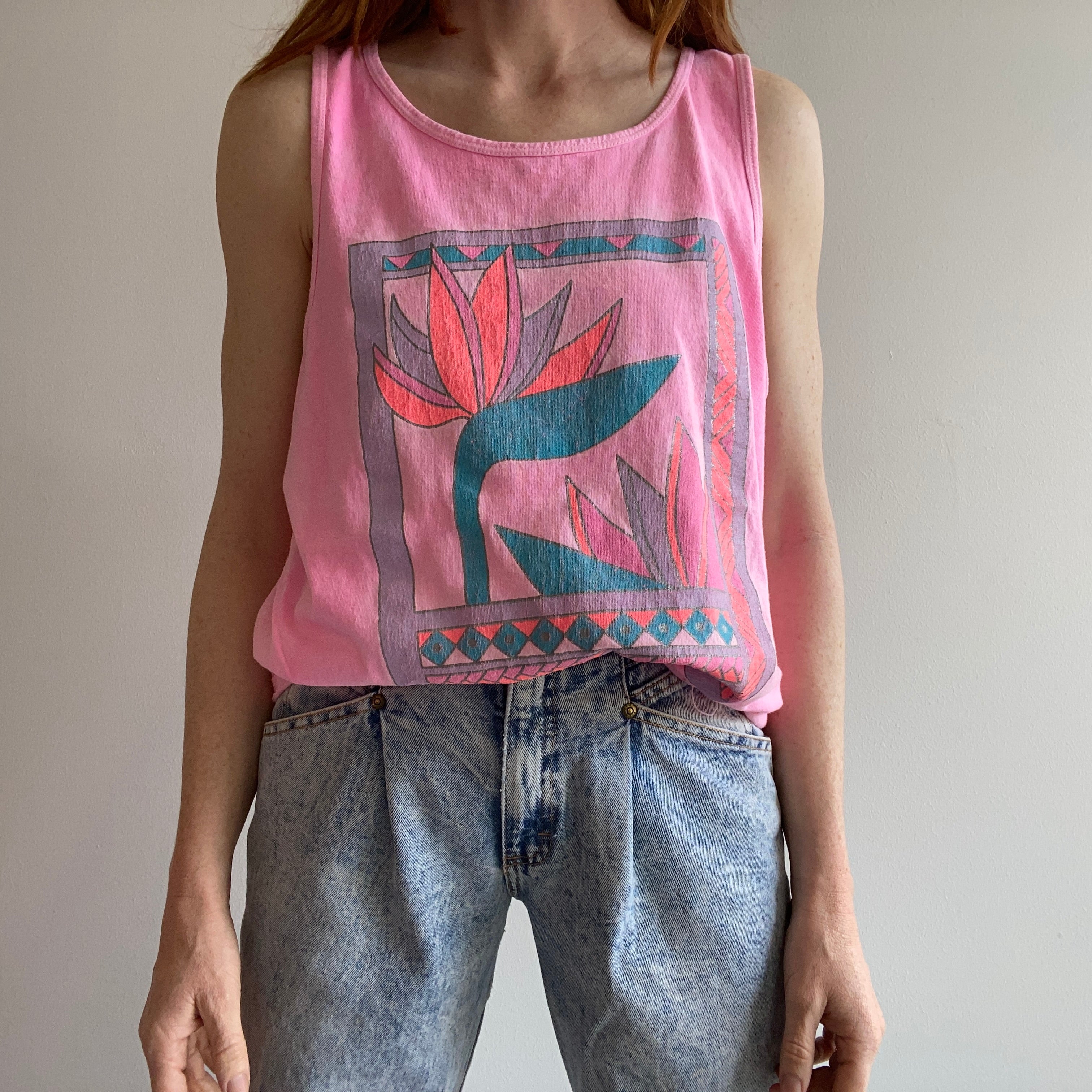 1980s Hot Faded Pink Birds Of Paradise Cotton Tank Top