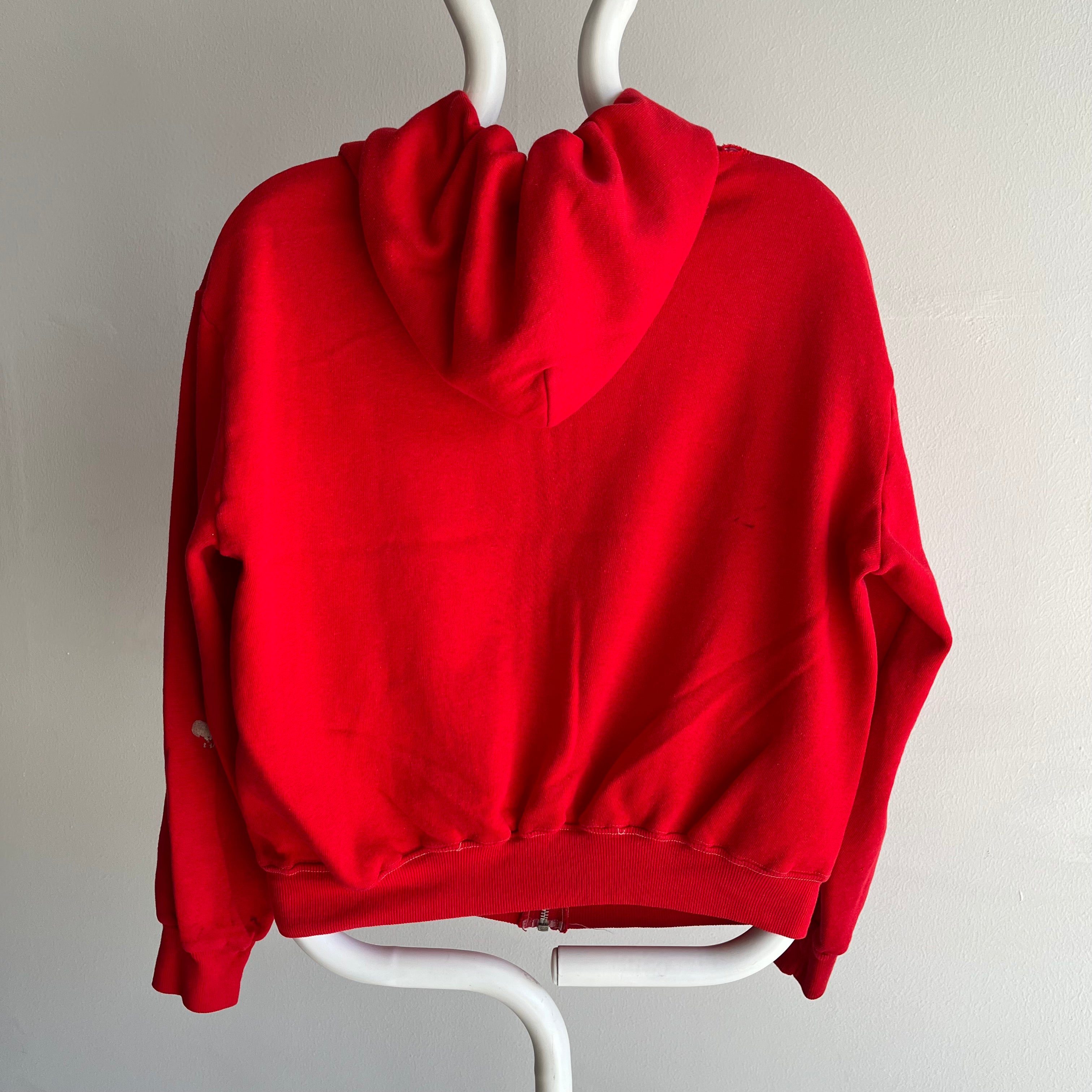 Sweat à capuche zippé rouge taché des années 1980