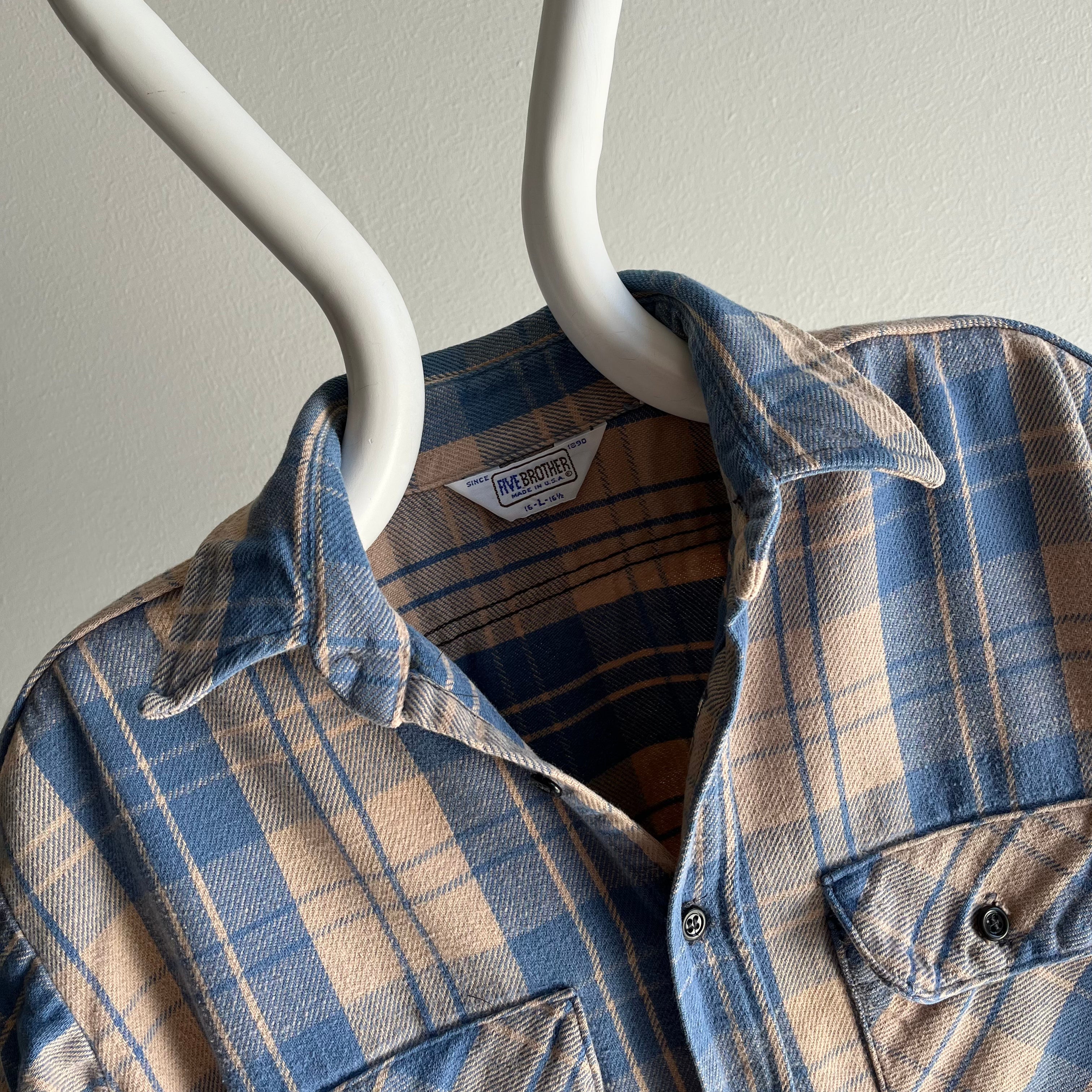 1980s Five Brothers Tan and Blue Medium Weight Cotton Flannel - SWOON