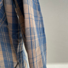1980s Five Brothers Tan and Blue Medium Weight Cotton Flannel - SWOON