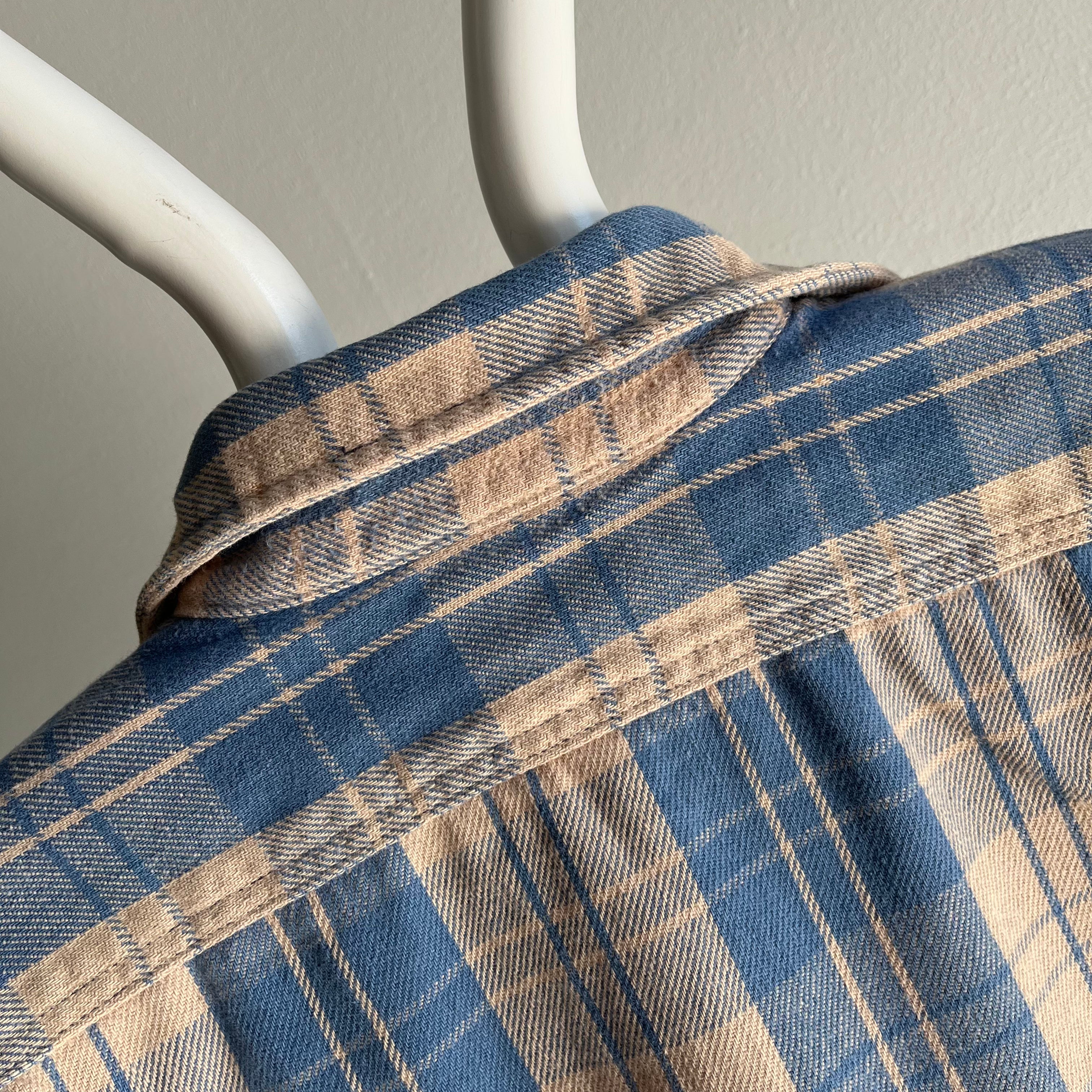 1980s Five Brothers Tan and Blue Medium Weight Cotton Flannel - SWOON
