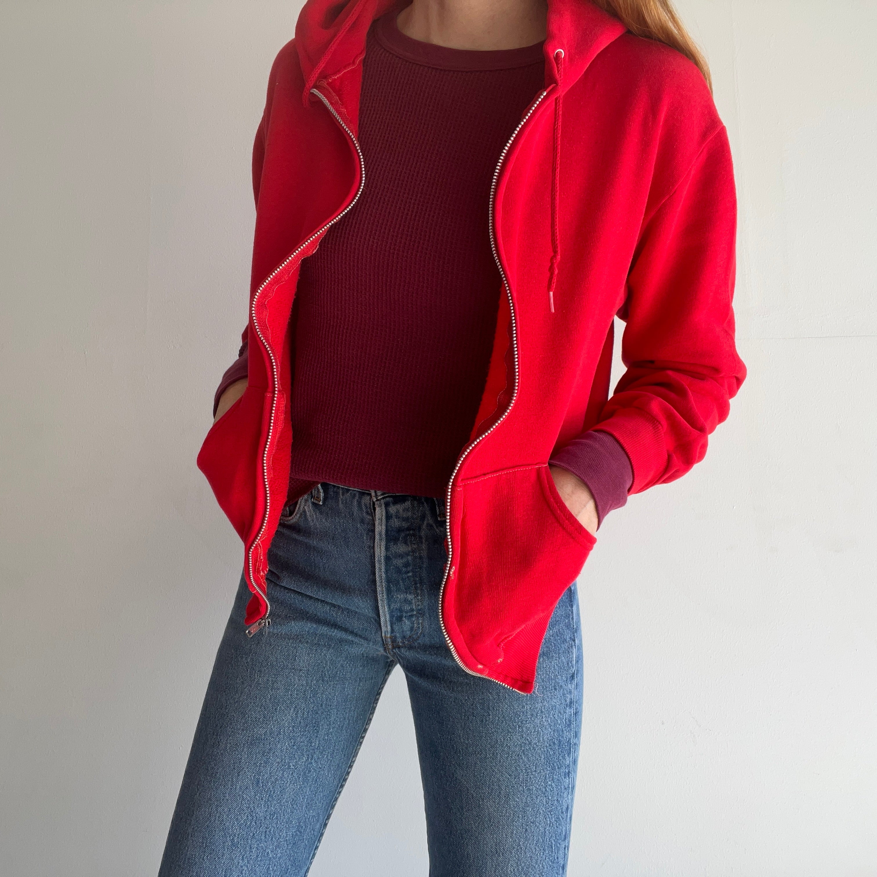 1980s Stained Red Zip Up Hoodie