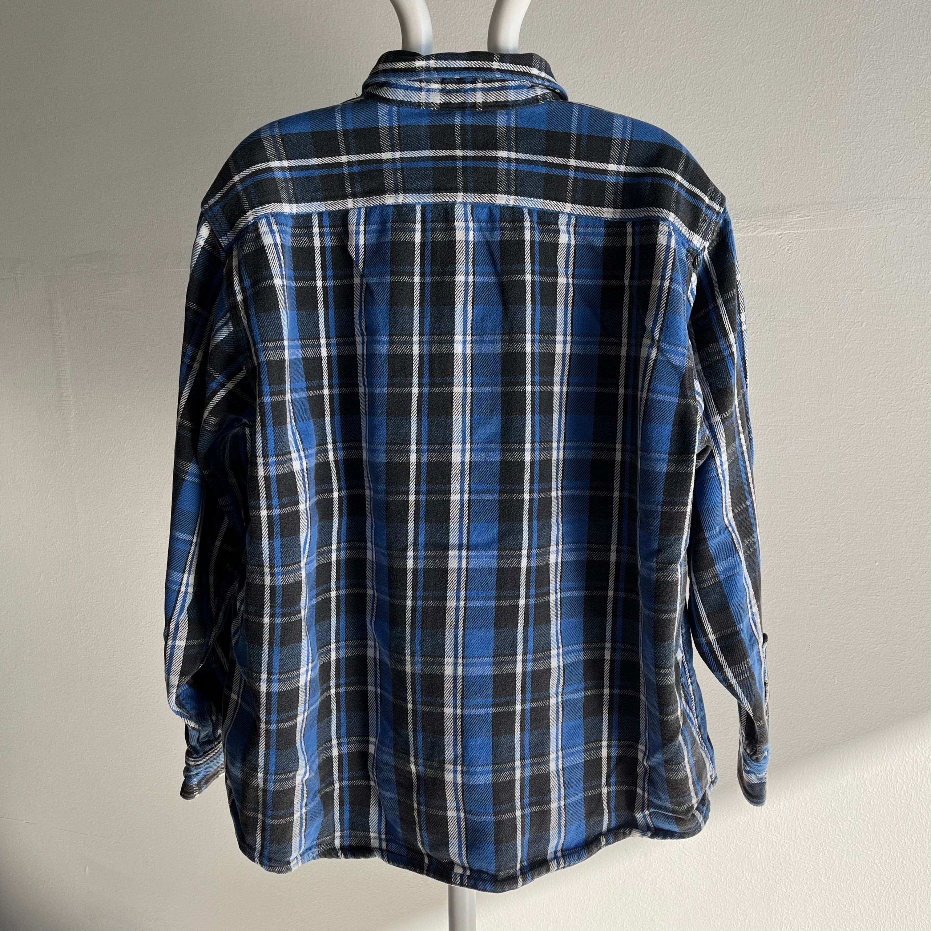 1990s Blue, Black and White OSFMany Boxy Medium Weight Cotton Flannel