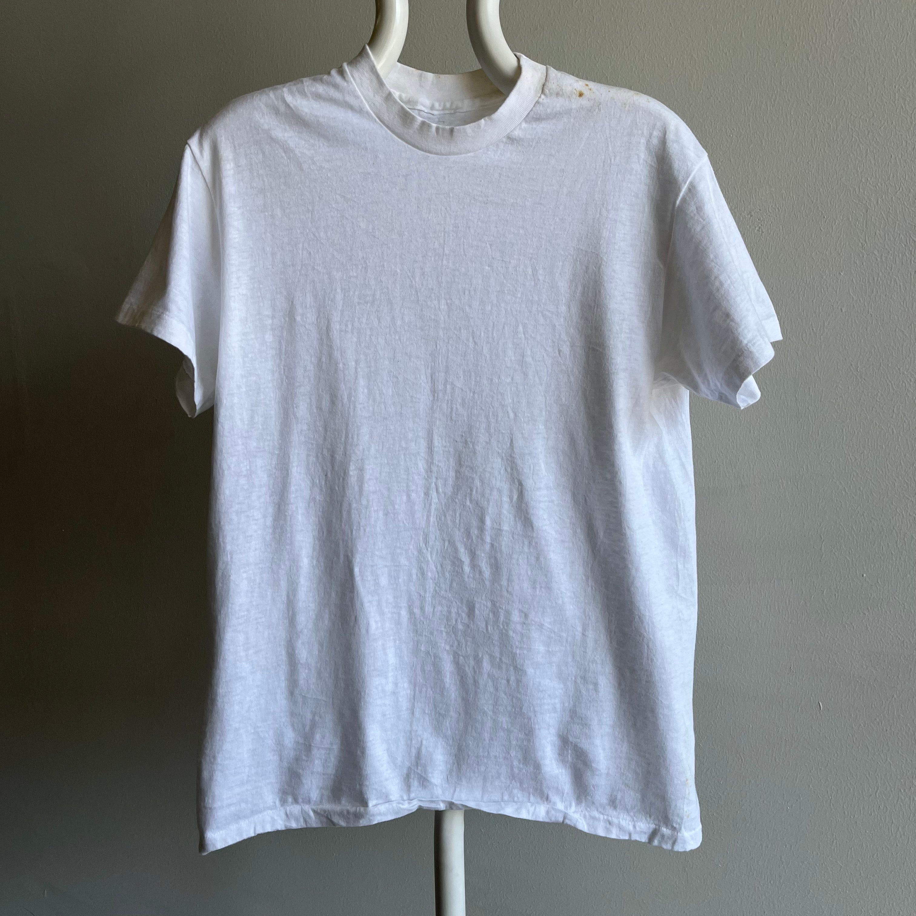 1980s Blank White T-Shirt with Rust Stains and Mending