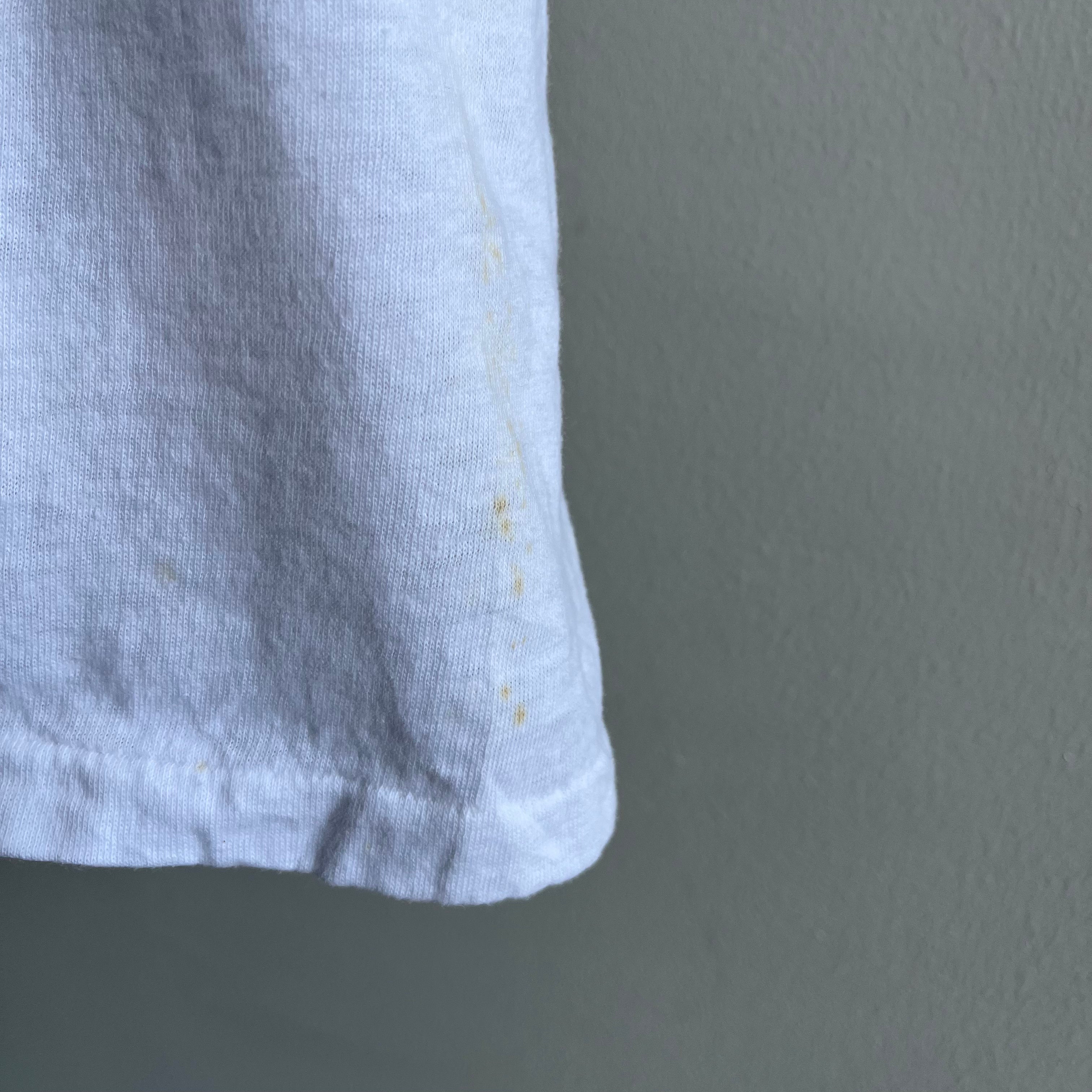 1980s Blank White T-Shirt with Rust Stains and Mending