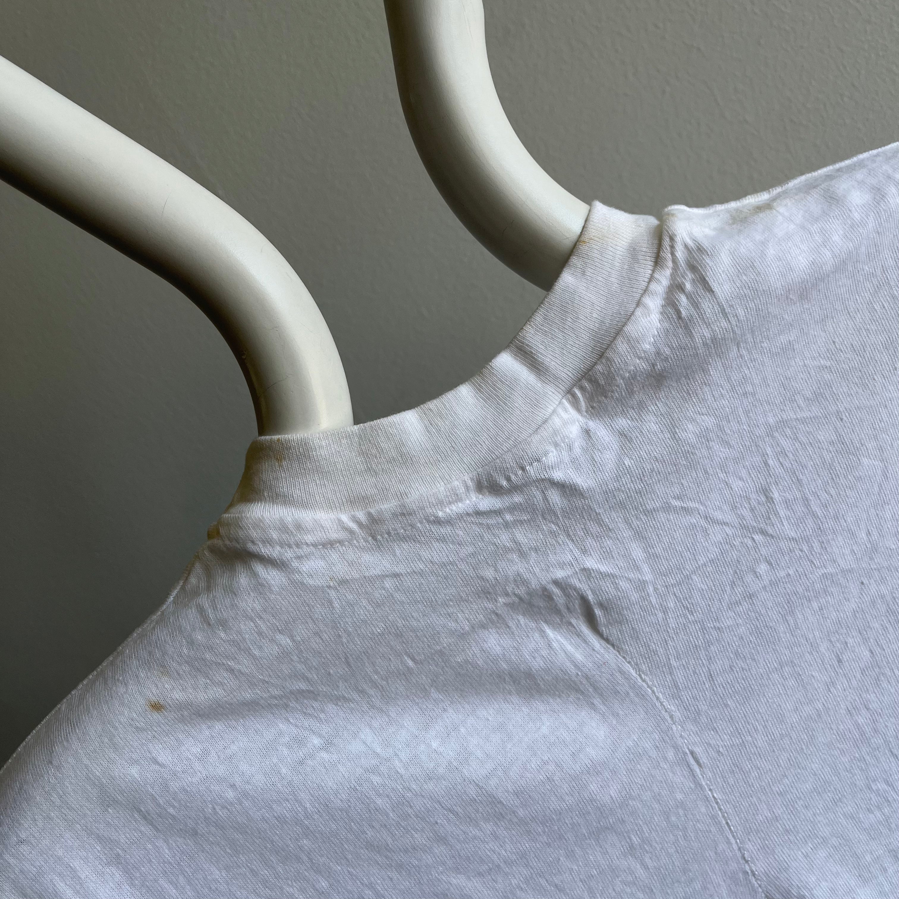 1980s Blank White T-Shirt with Rust Stains and Mending