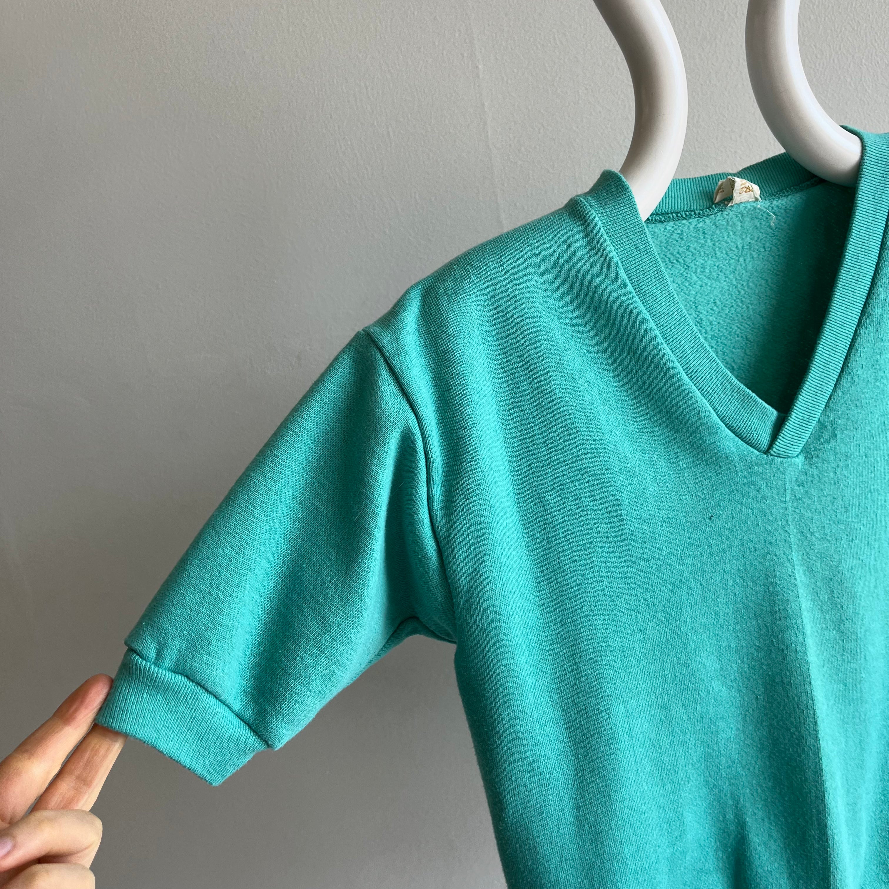1980s Teal V-Neck Short Sleeve Warm Up Sweatshirt