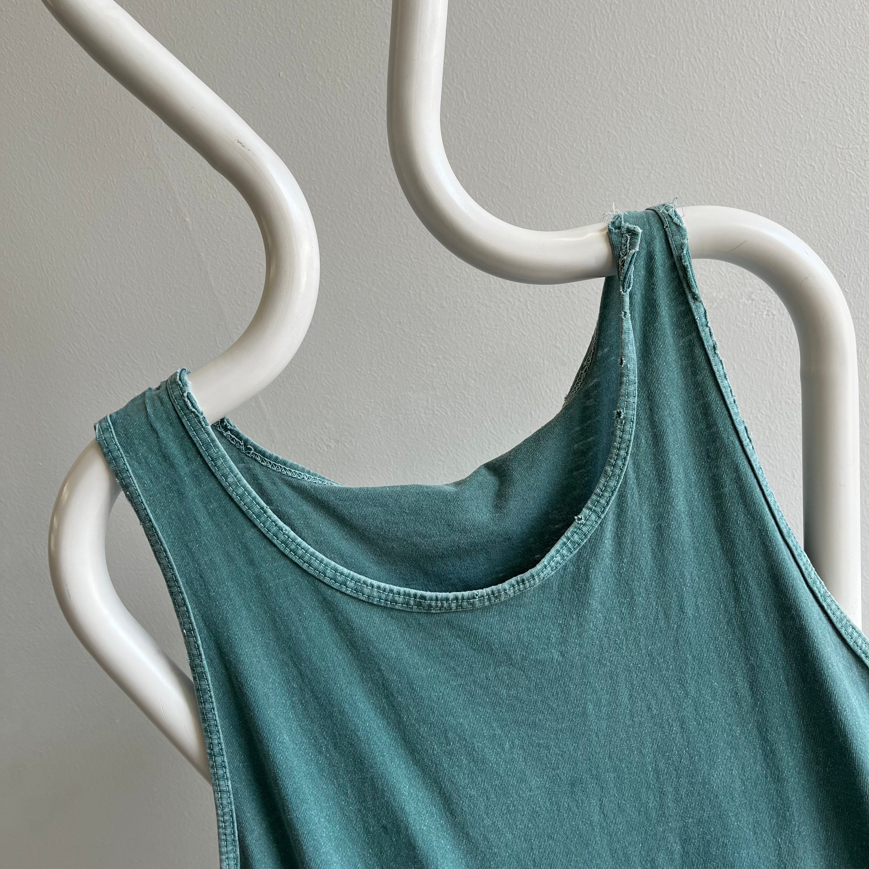 1980s Thrashed and Faded Blank Green Cotton Tank Top