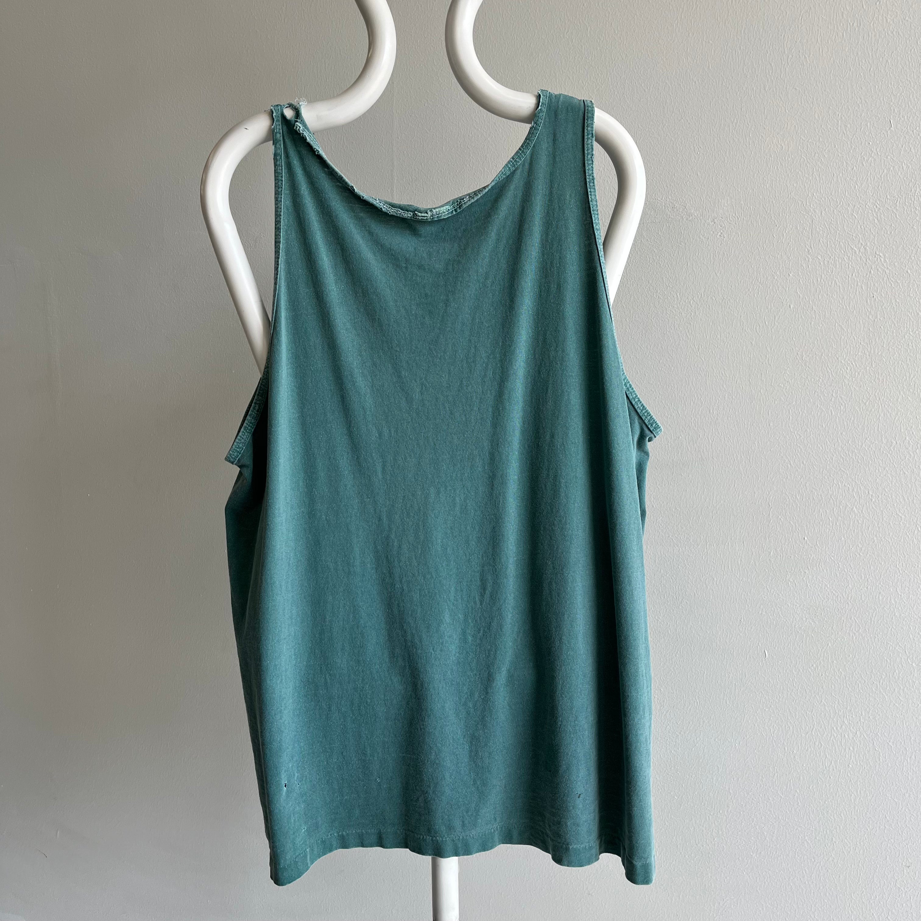 1980s Thrashed and Faded Blank Green Cotton Tank Top