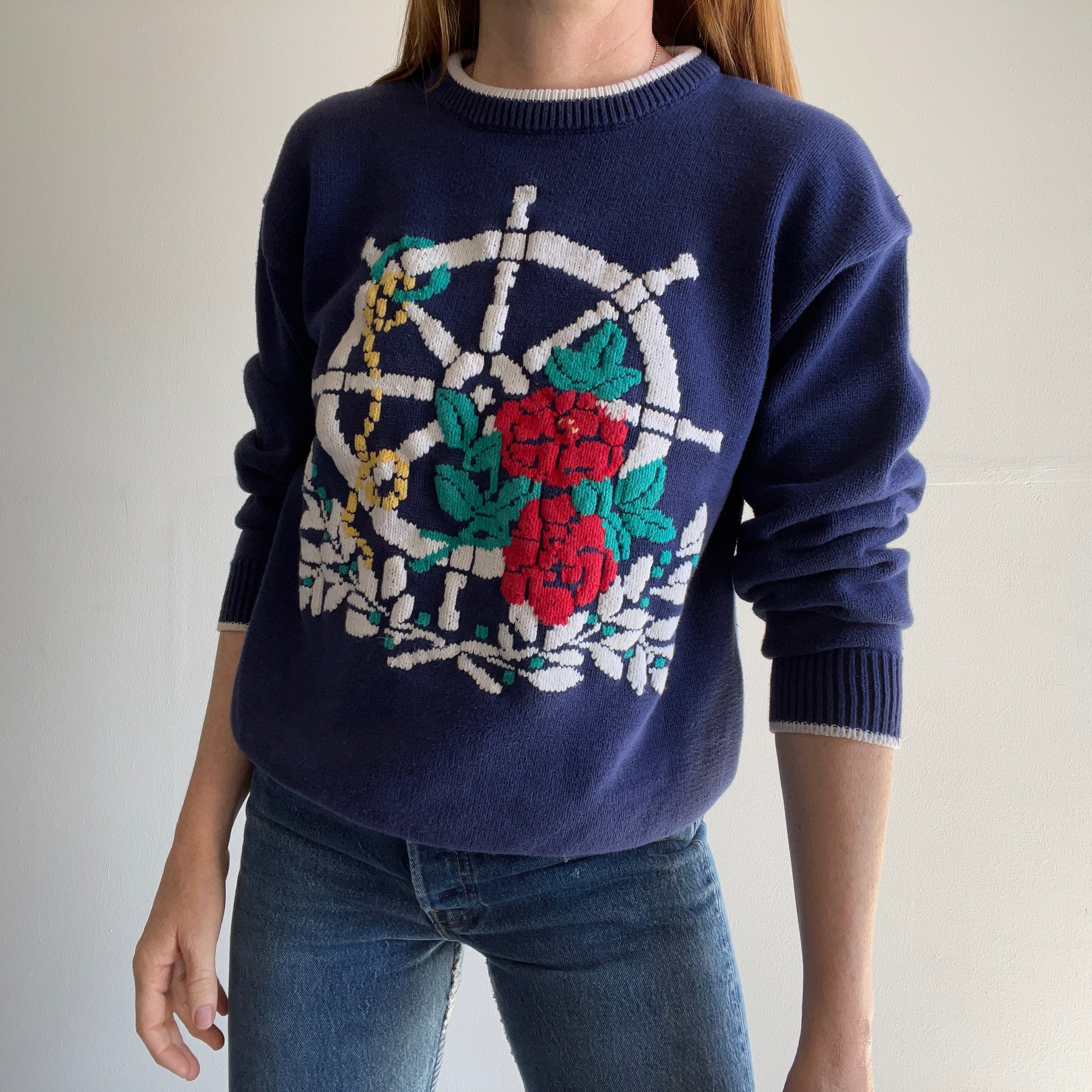 1990s Eddie Bauer Nautical and Floral Cotton Knit Sweater – Red