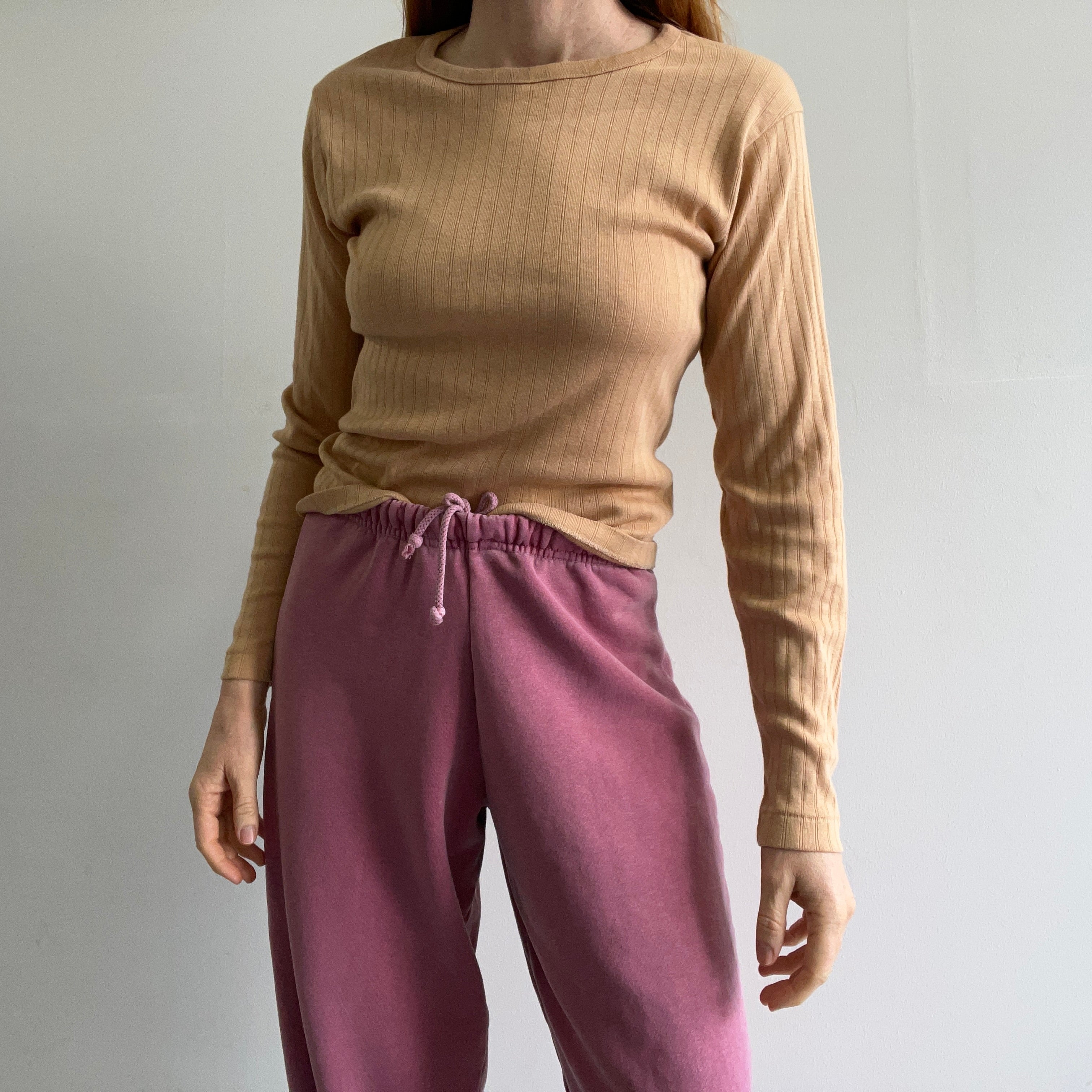1970s Super Soft Ribbed Camel Colored Long Sleeve T-Shirt - WOW