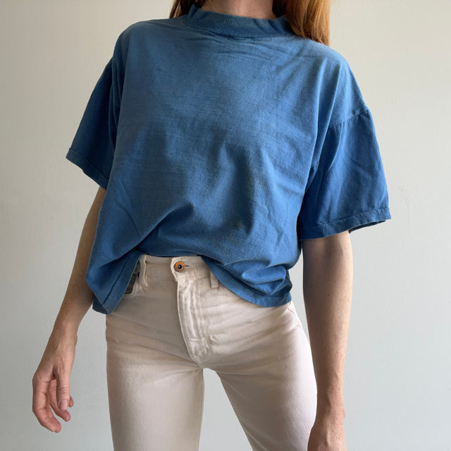 1980s Soft, Slouchy, Boxy, Mock Neck Knit Duty Blue T-Shirt