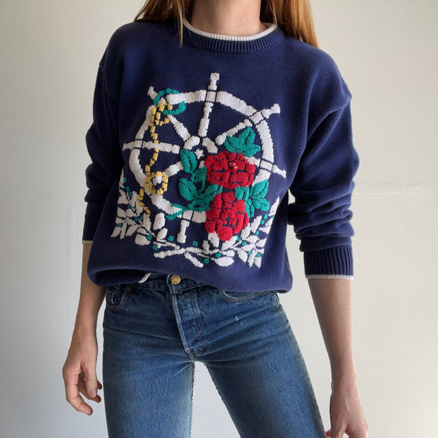 1990s Eddie Bauer Nautical and Floral Cotton Knit Sweater