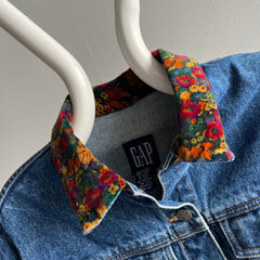 1990s Gap Velvet Floral Collar Denim Jean Jacket