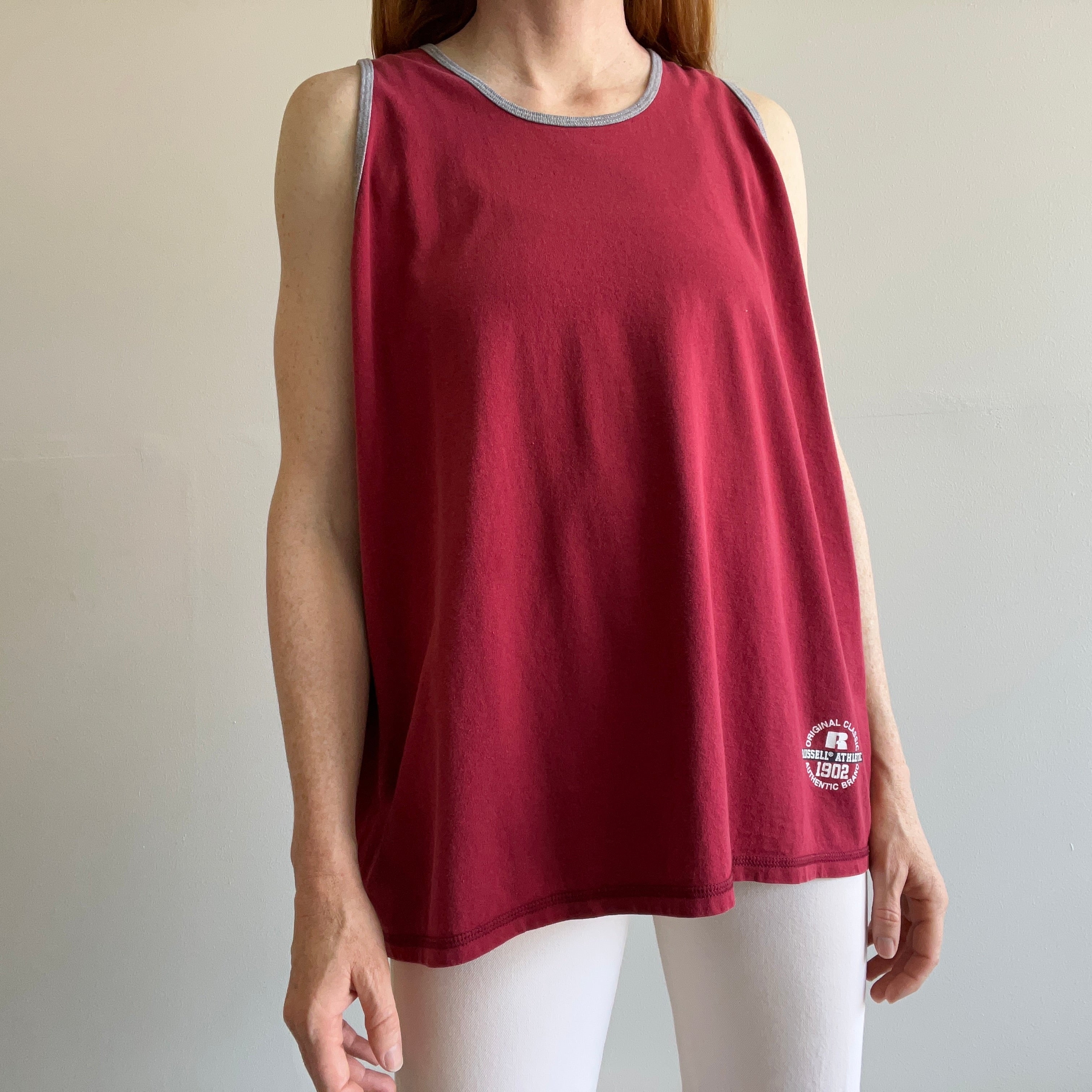 1990s Burgundy with Gray Piping Cotton Tank Top by Russell