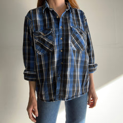 1990s Blue, Black and White OSFMany Boxy Medium Weight Cotton Flannel