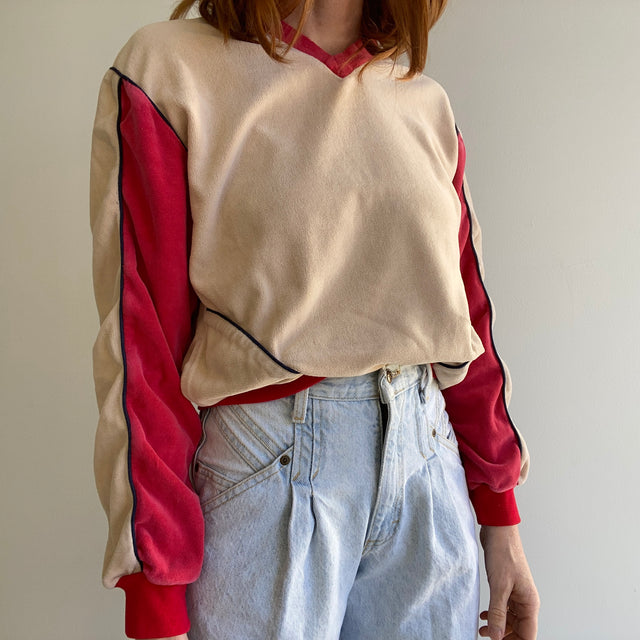 Sweat-shirt à blocs de couleurs en velours des années 1980 avec poches et passepoil contrasté