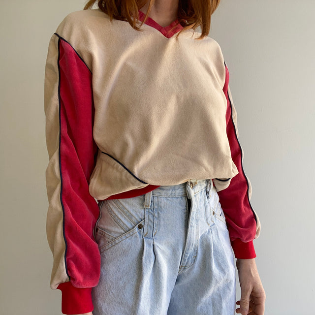 1980s Velour Color Block Sweatshirt with Pockets and Contrast Piping