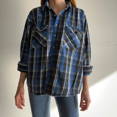 1990s Blue, Black and White OSFMany Boxy Medium Weight Cotton Flannel