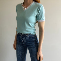 1970s V-Neck Shoulder Stripe Seafoam Green/Blue Fitted T-Shirt