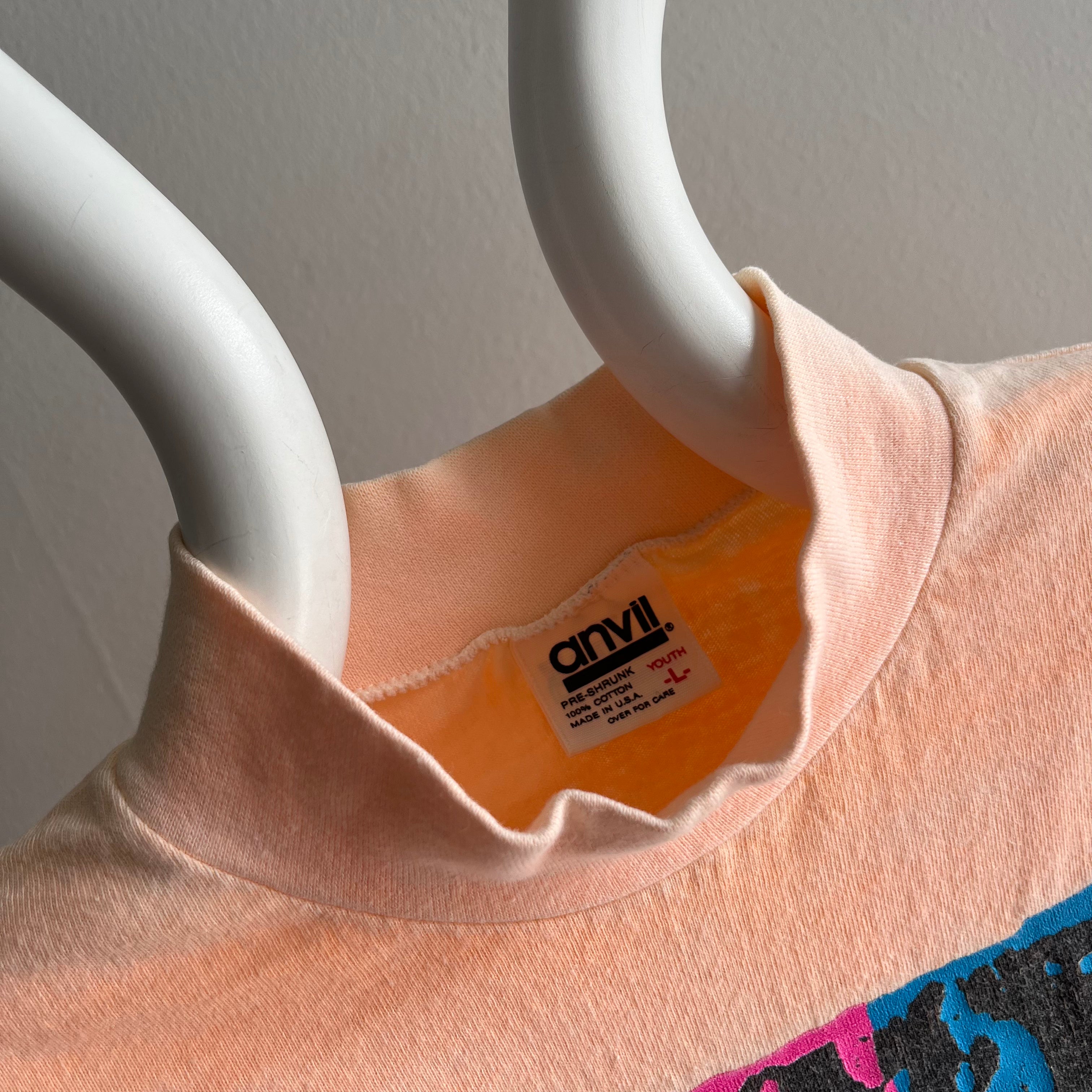 1990 Faded Neon Mock Neck Football Long Sleeve T-Shirt