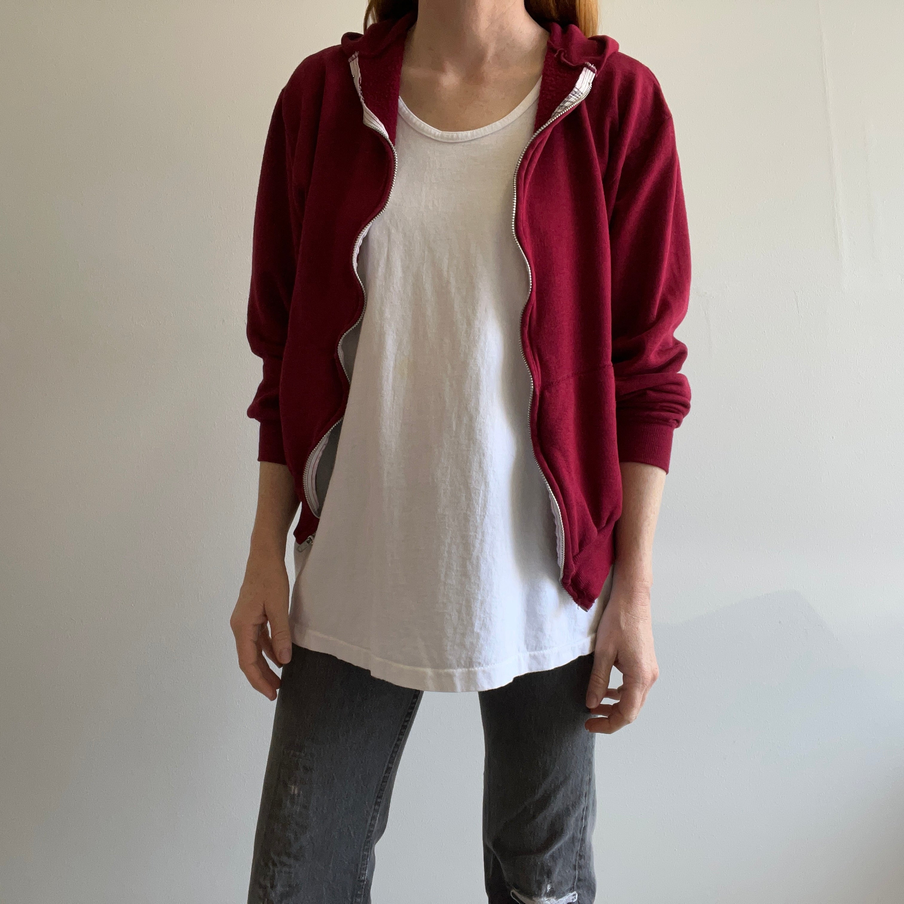 1980s Bordeaux Soft Slouchy Zip Up Hoodie