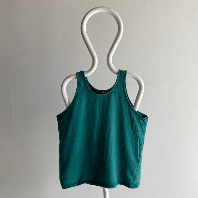 1980s Sturdy Cotton Sun Faded Dark to Lighter Green Tank Top