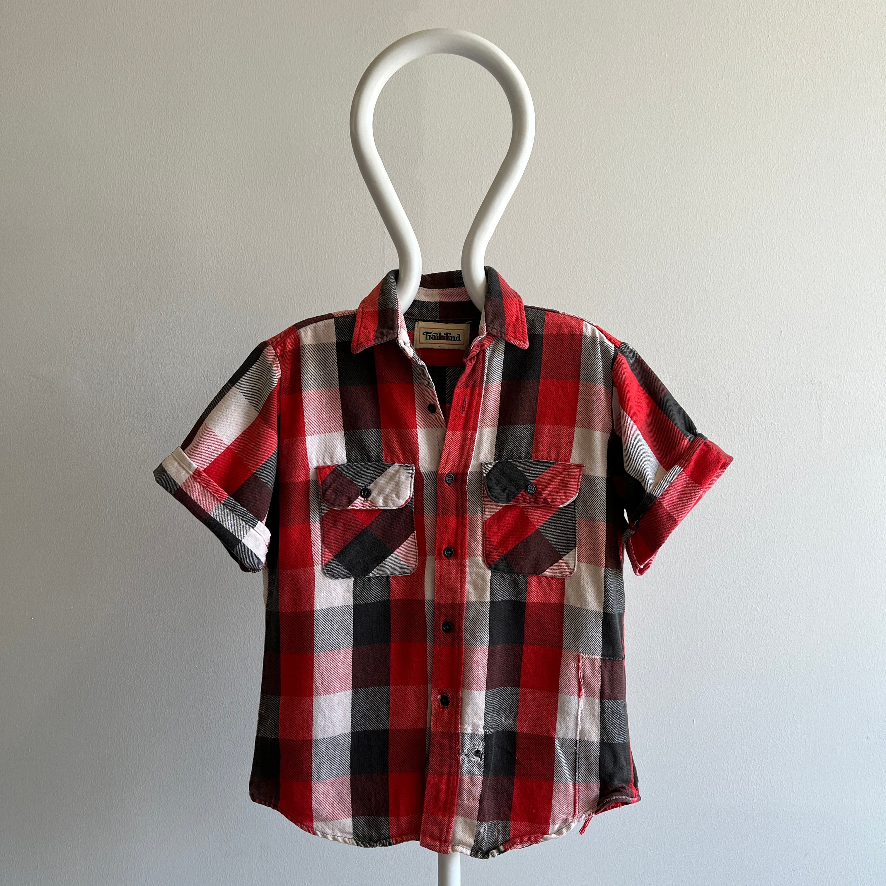 1980s DIY Short Sleeved Cotton Flannel - Patched and Mended