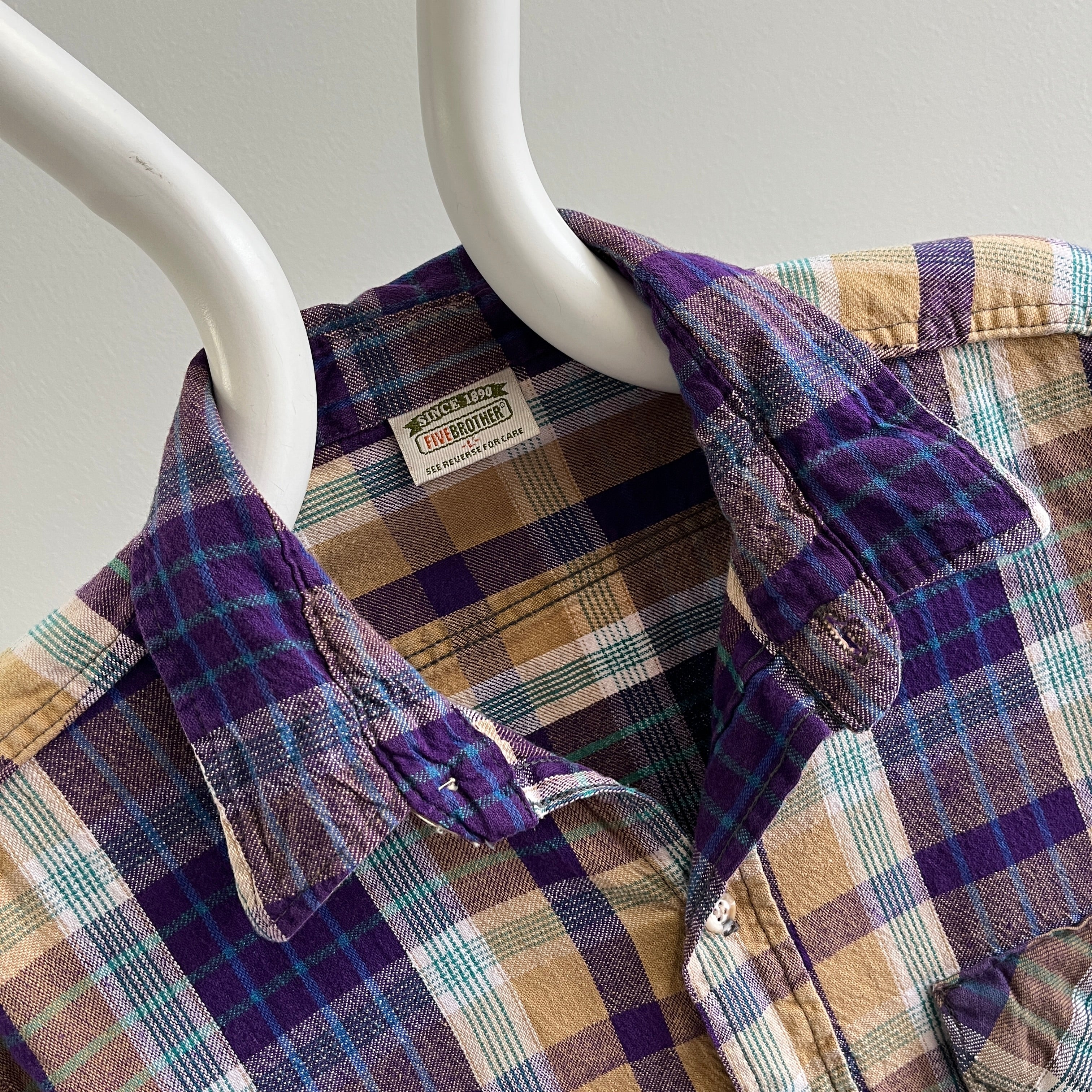 1990s Five Brothers Purple and Khaki Cotton Flannel