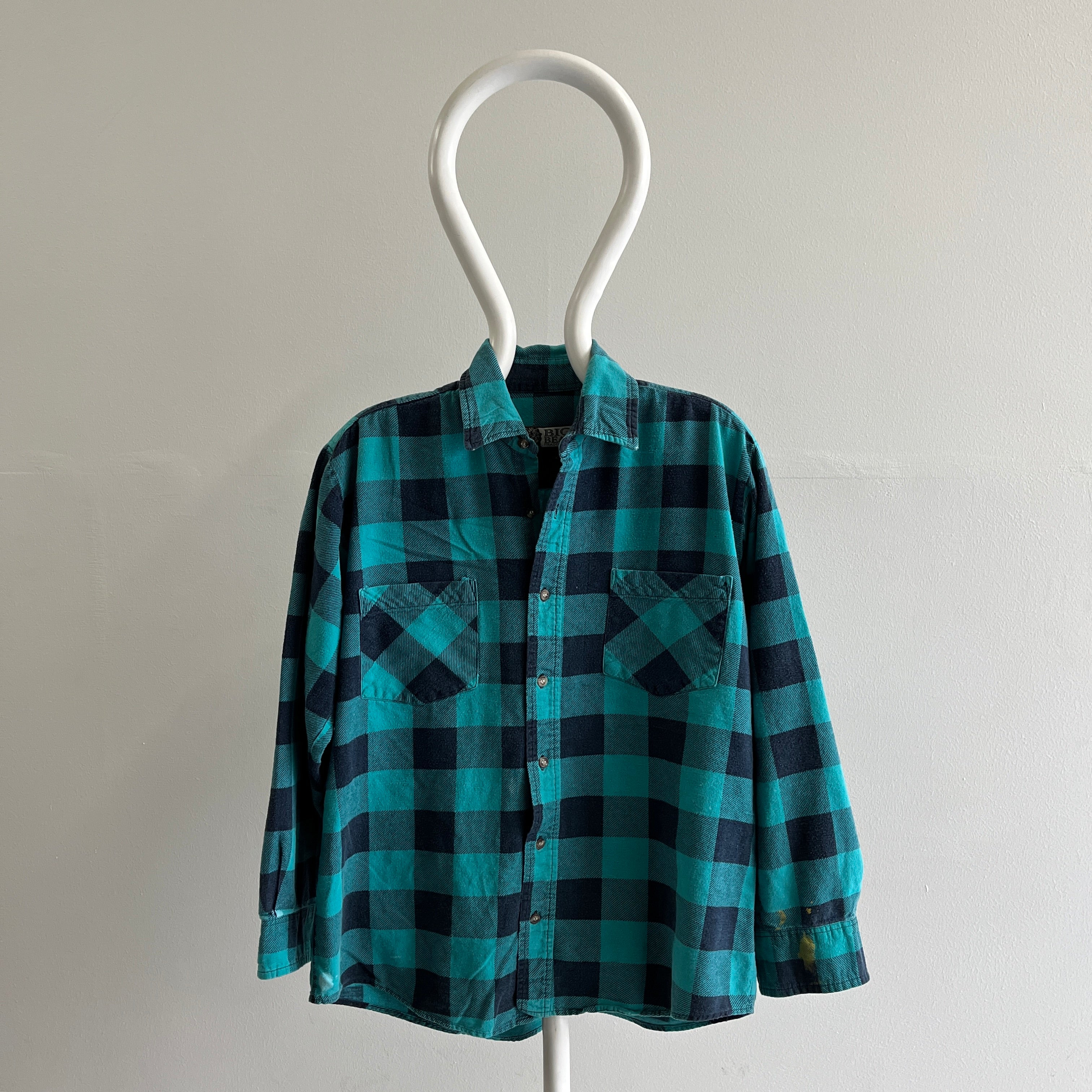 1990/2000s Teal Buffalo Plaid Paint Stained Cotton Flannel