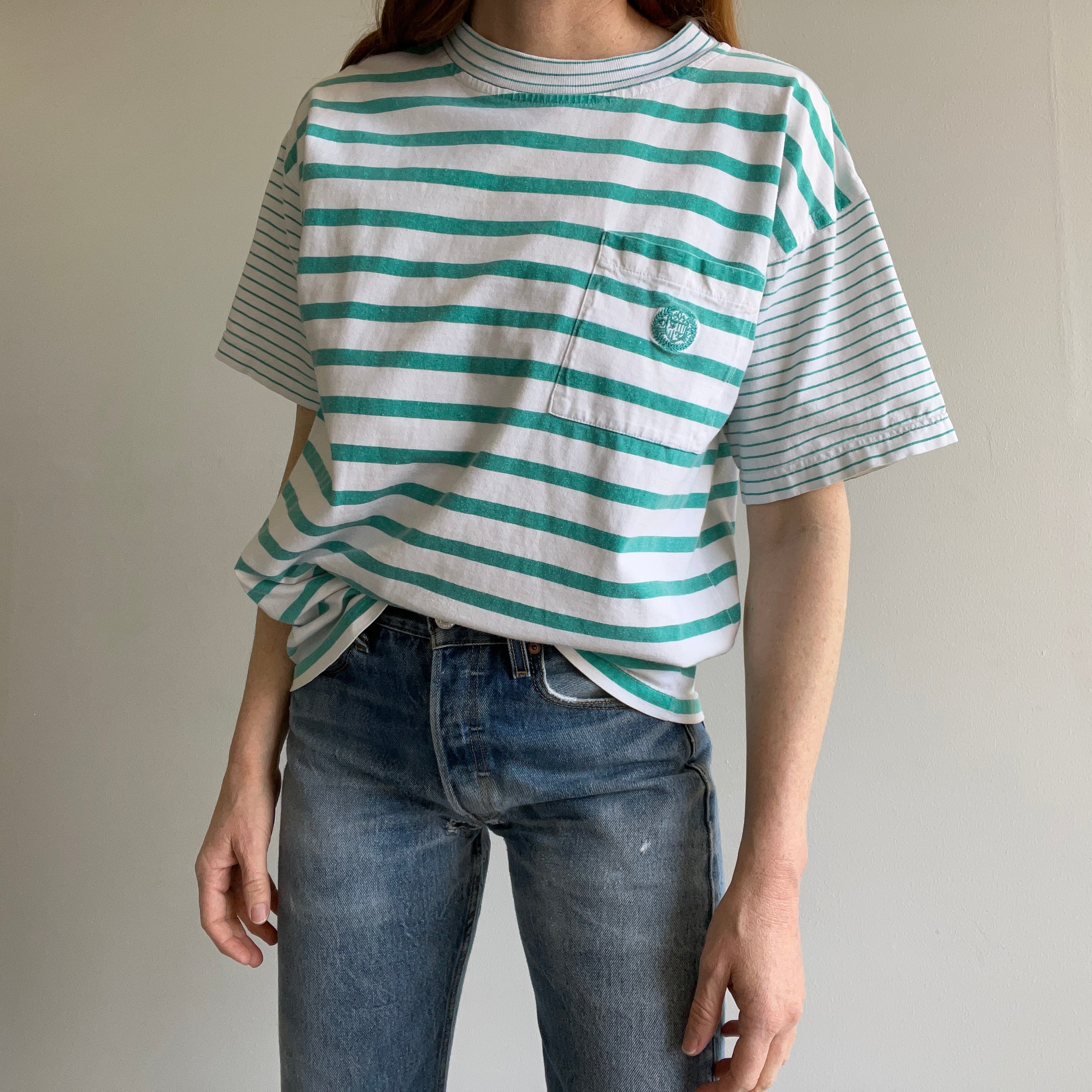 1990s Striped Boxy Cotton Pocket T-Shirt