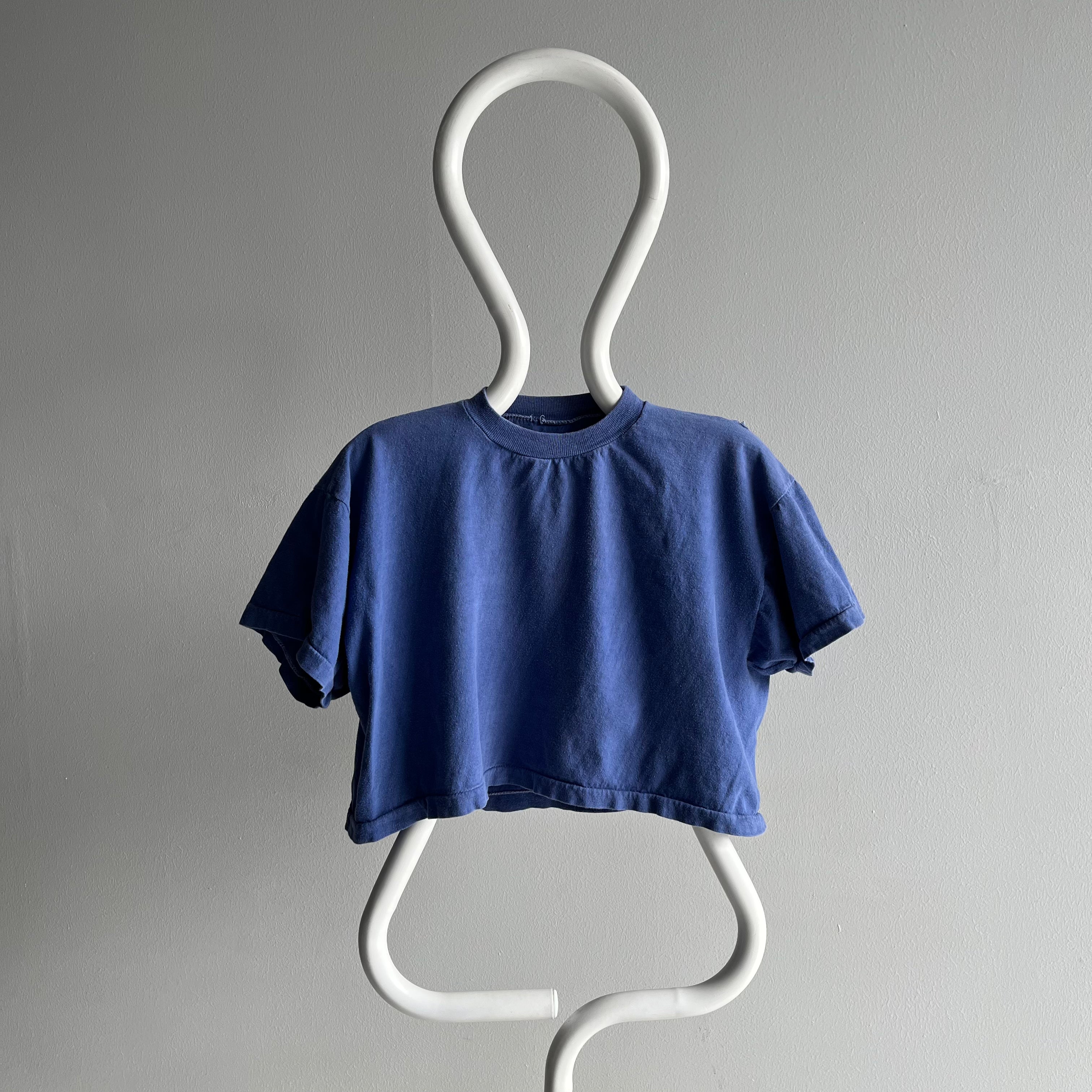 1980s Blank Blue Cotton Knit Crop Top T-Shirt