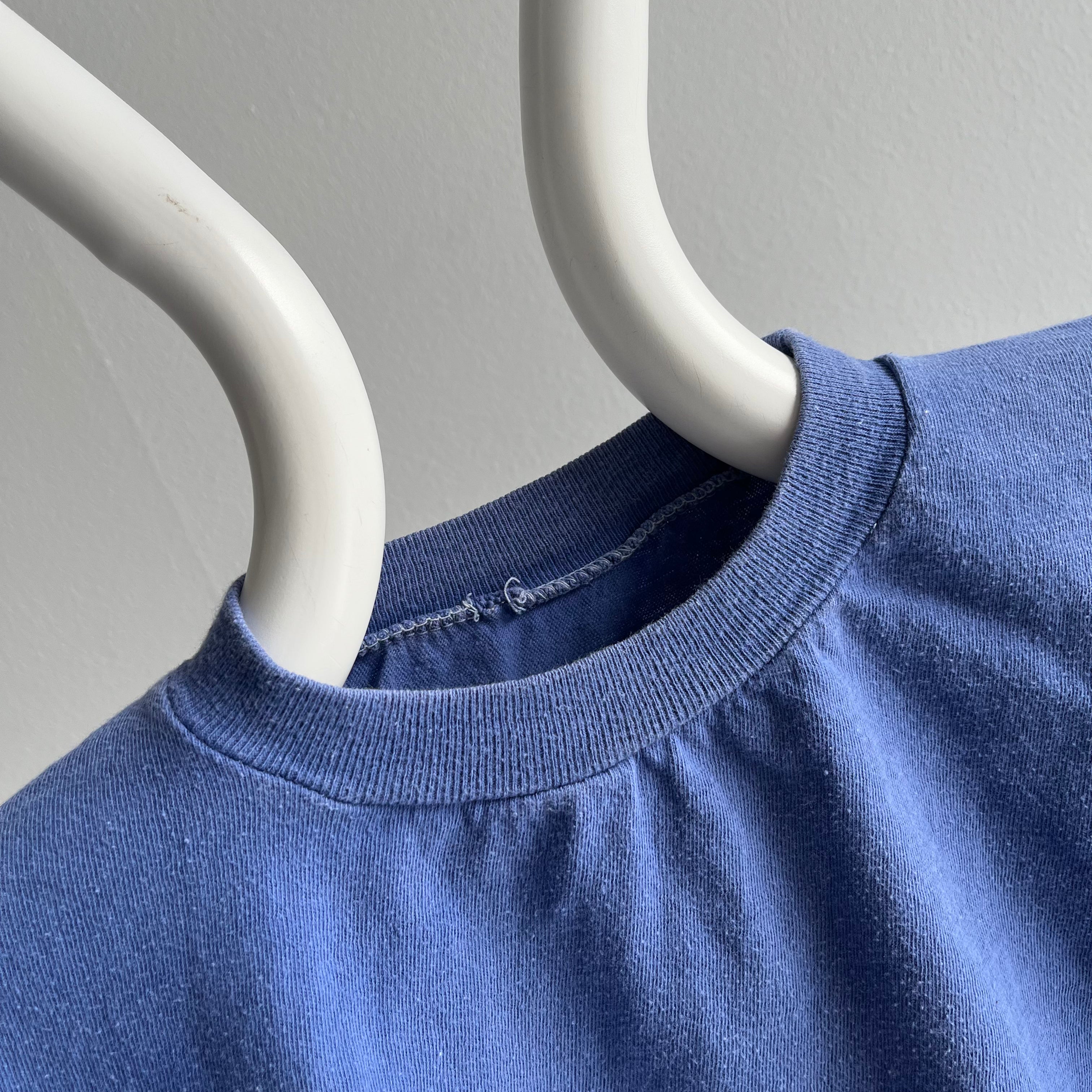 1980s Blank Blue Cotton Knit Crop Top T-Shirt