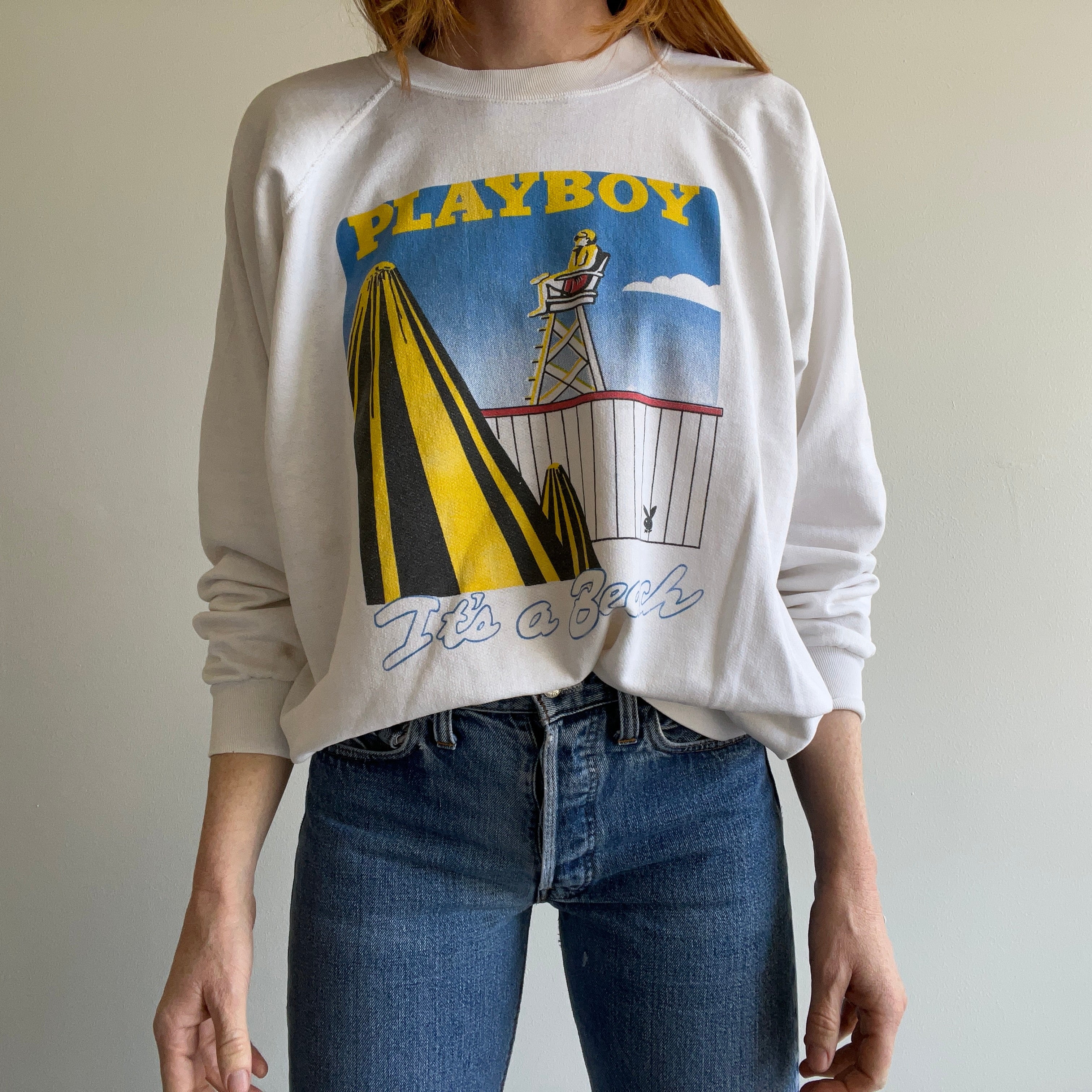 1980s !!! Super Thin Playboy - It's a Beach - Mended Sweatshirt