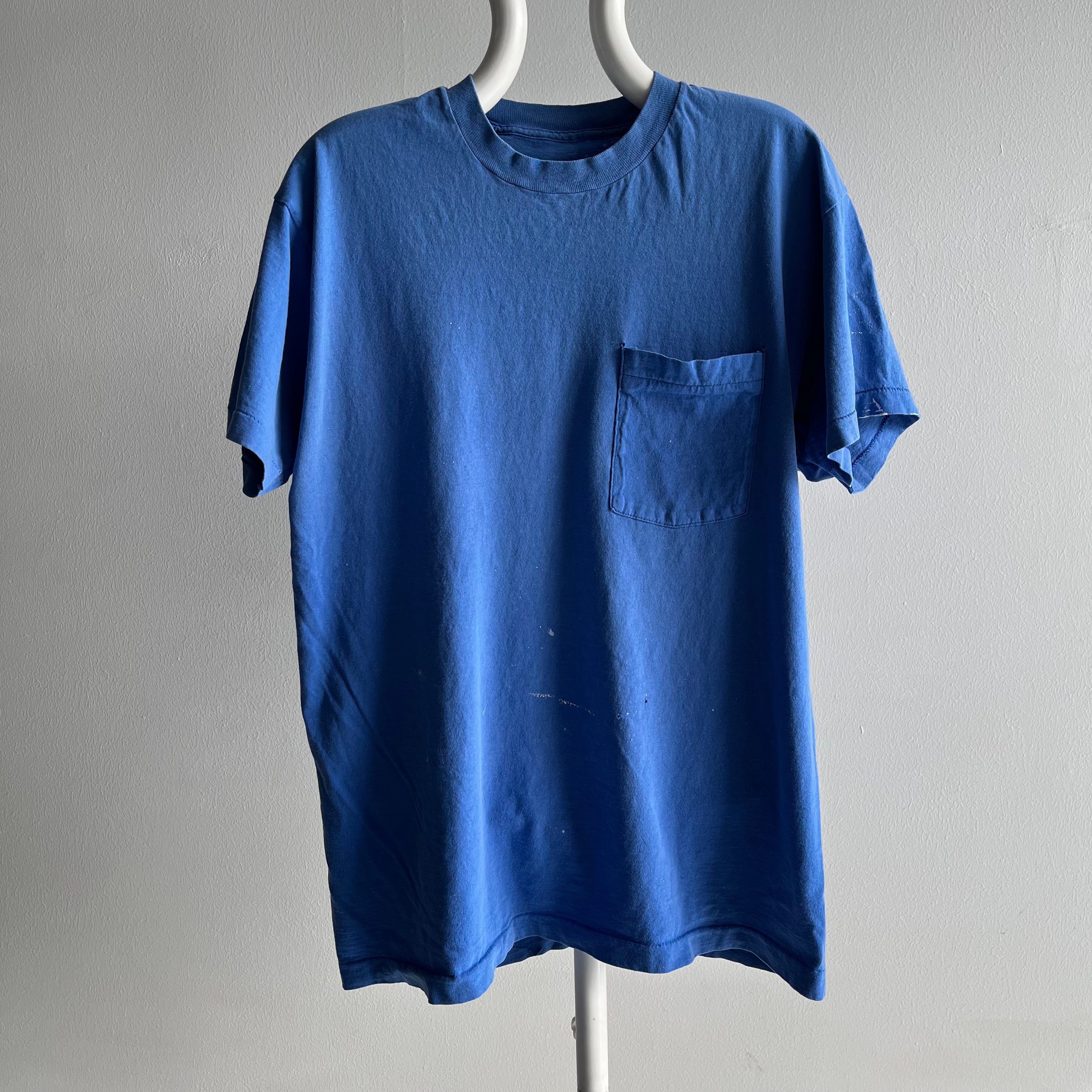 1980s Perfectly Paint Stained and Faded Blank Blue Cotton Pocket T-Shirt