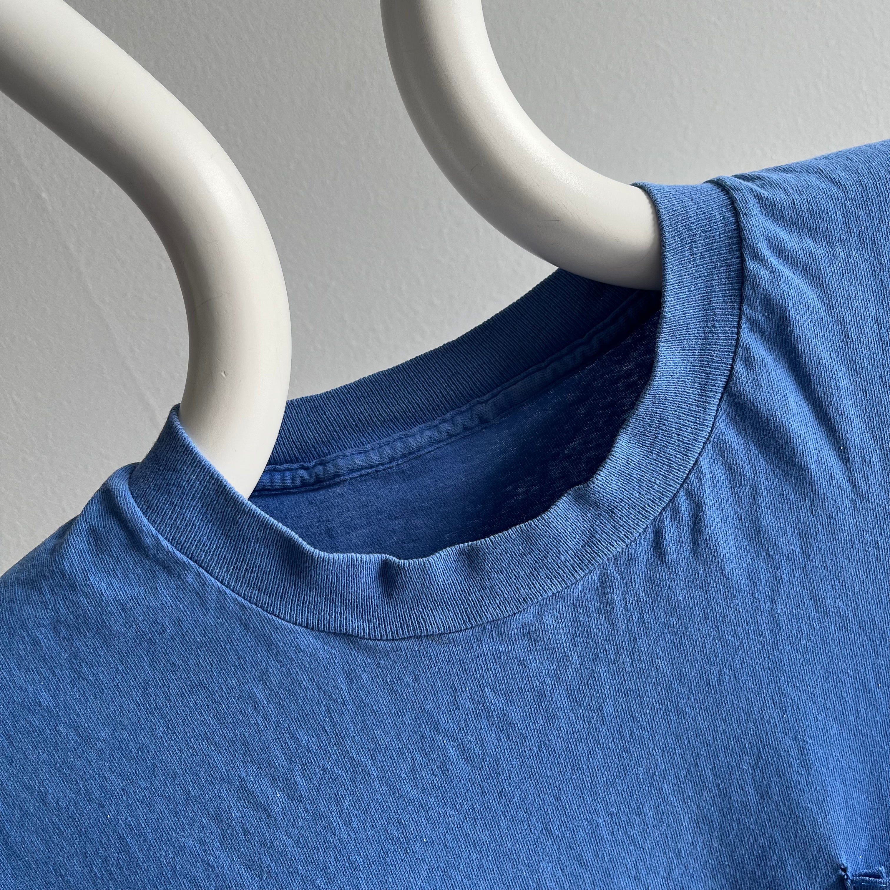 1980s Perfectly Paint Stained and Faded Blank Blue Cotton Pocket T-Shirt