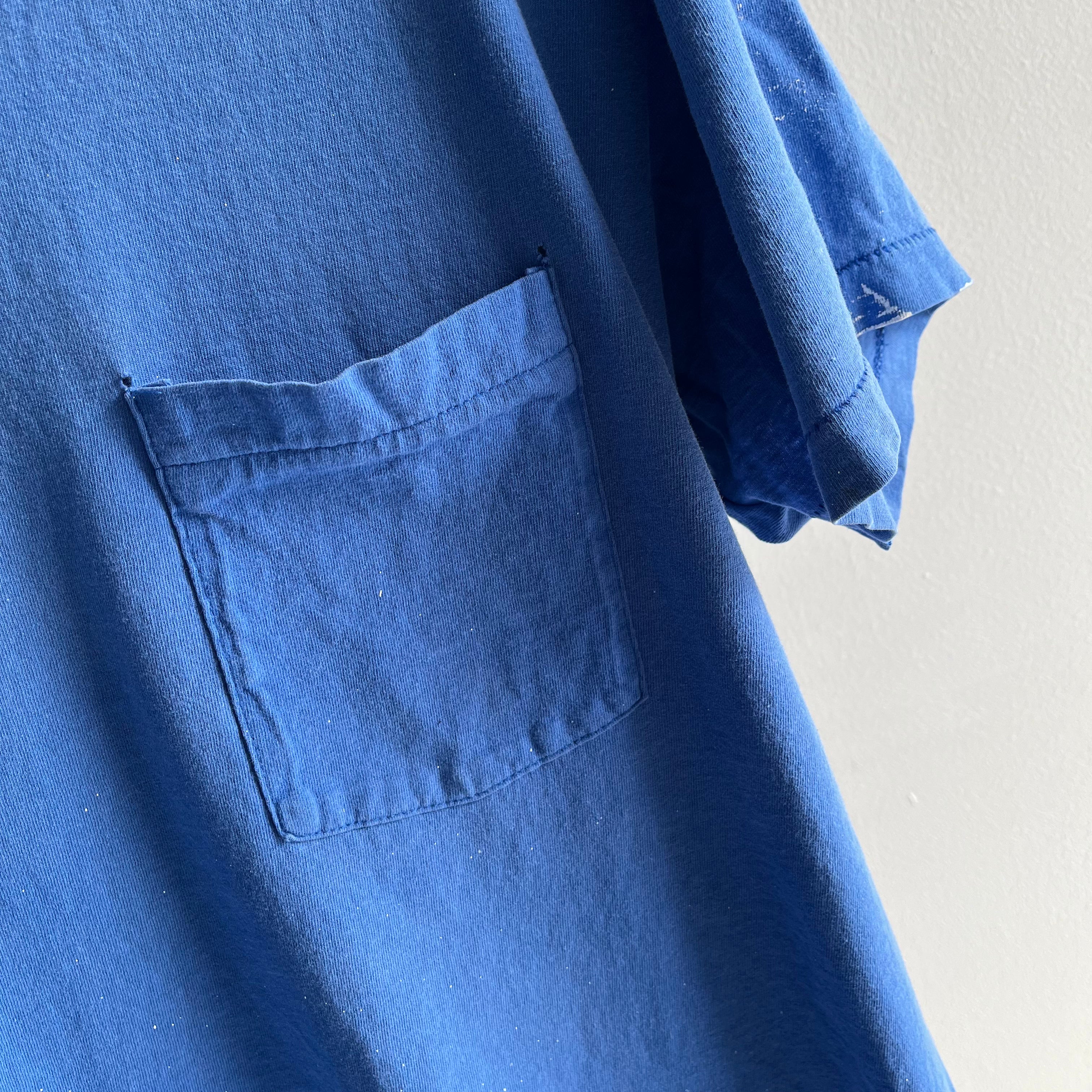 1980s Perfectly Paint Stained and Faded Blank Blue Cotton Pocket T-Shirt