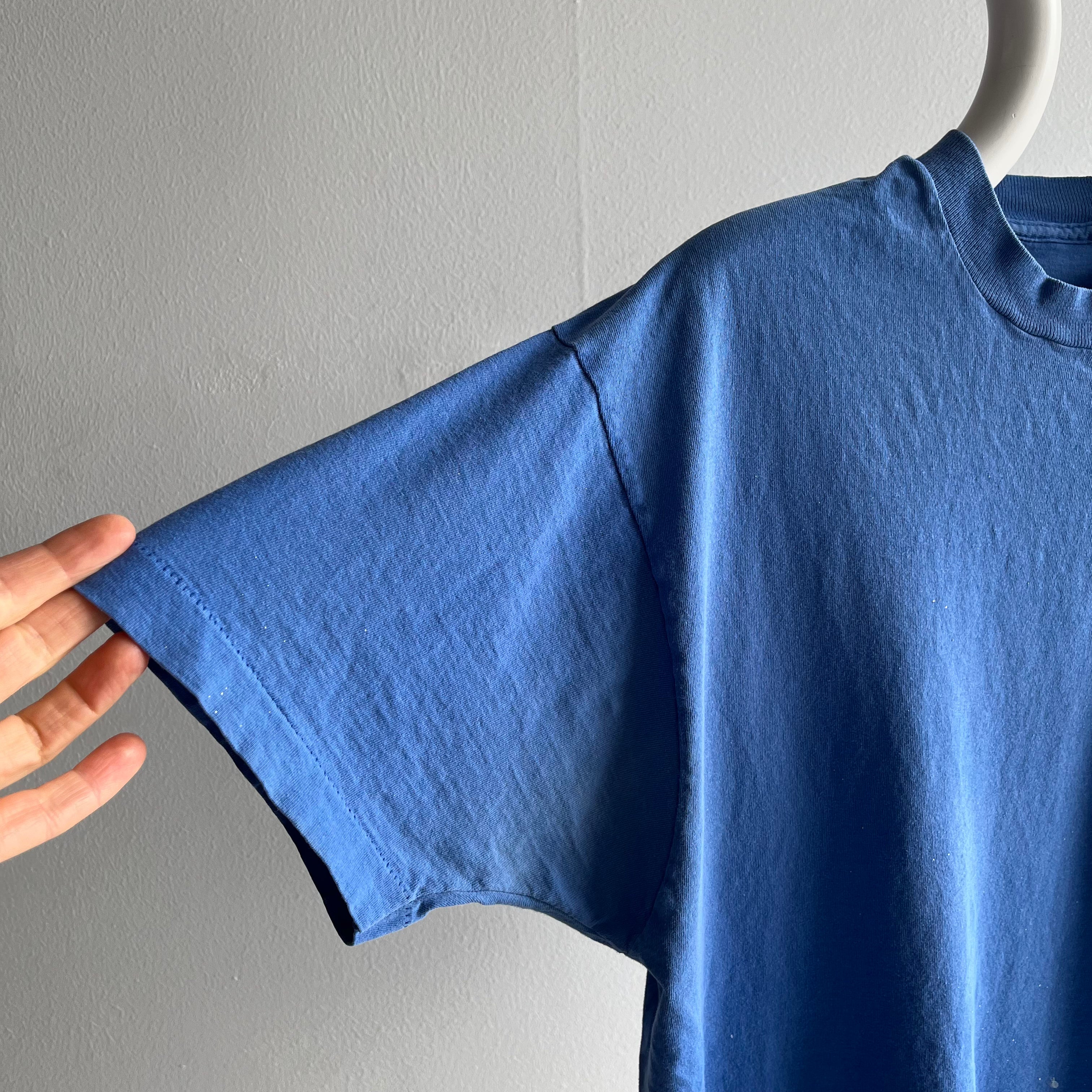 1980s Perfectly Paint Stained and Faded Blank Blue Cotton Pocket T-Shirt