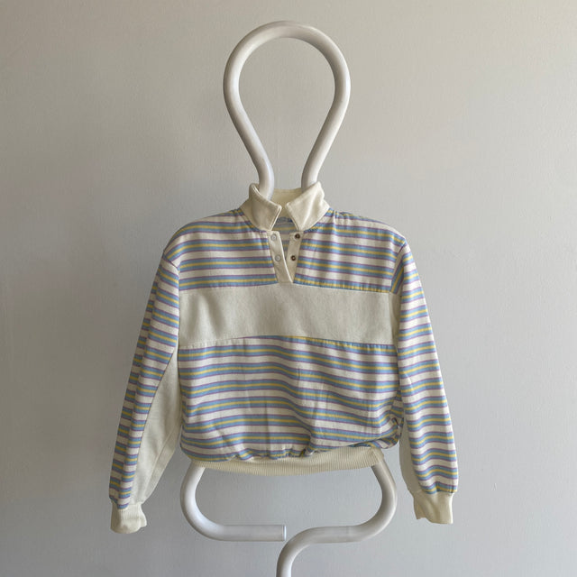 1980s Super Cool Striped Henley Collared Sweatshirt - Smaller Size