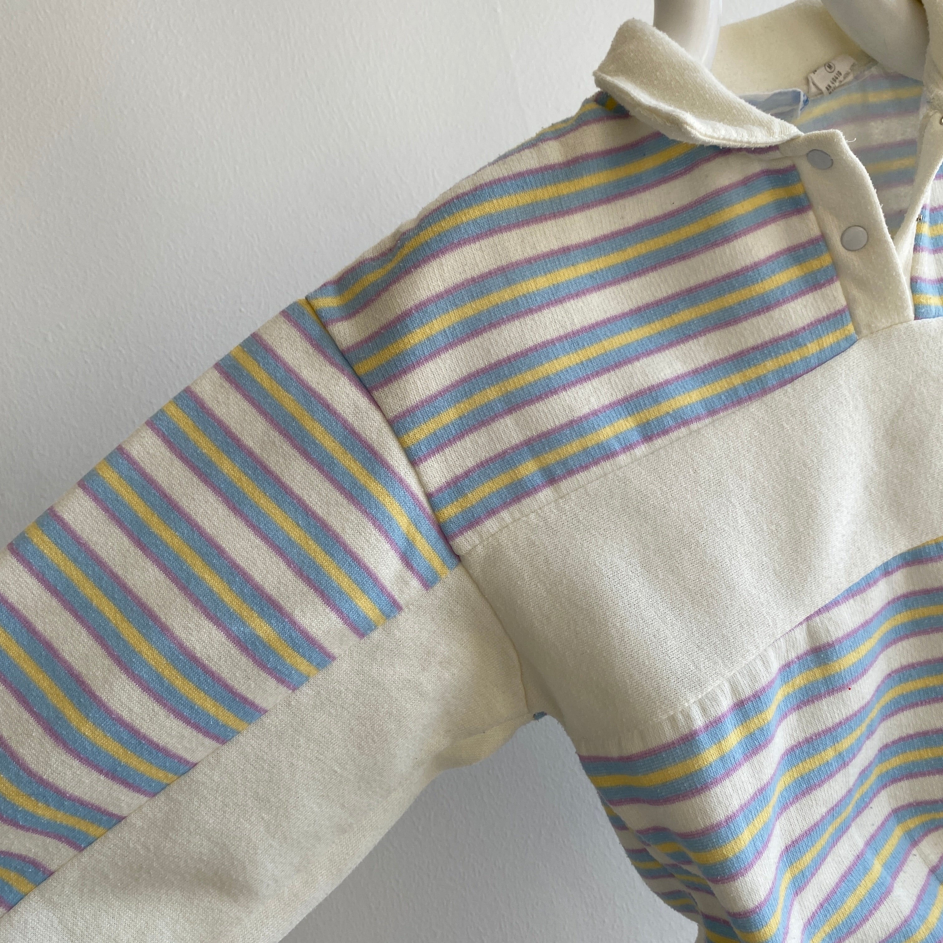 1980s Super Cool Striped Henley Collared Sweatshirt - Smaller Size