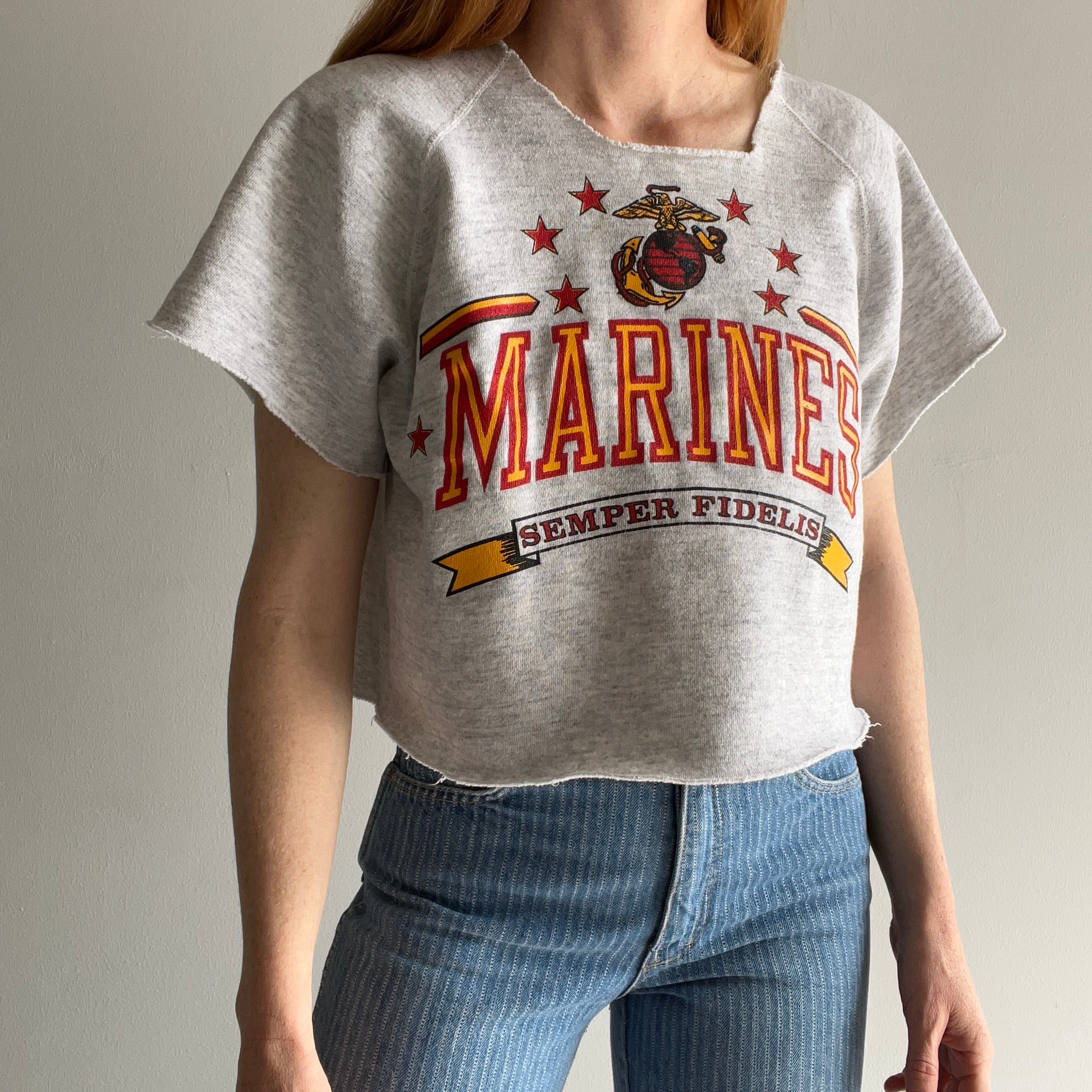 1980s Marines Semper Fi Cut Up Muscle Warm Up - Staining