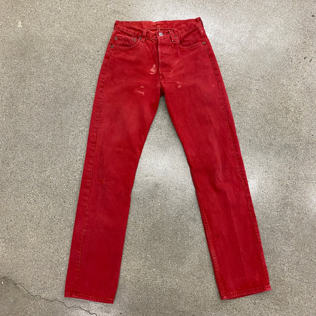 1980s 26.5" Dyed Red Levi's 501s - Beat Up + Bleached Stained