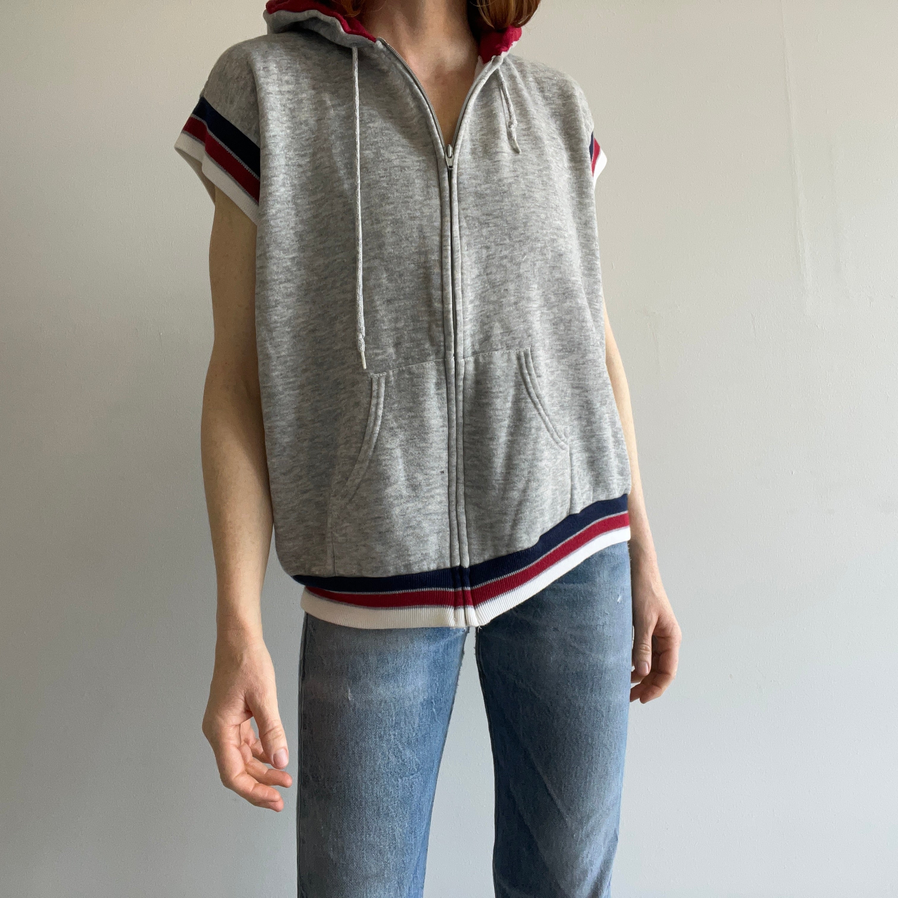 1980s Zip Up Muscle Hoodie Warm Up Sweatshirt