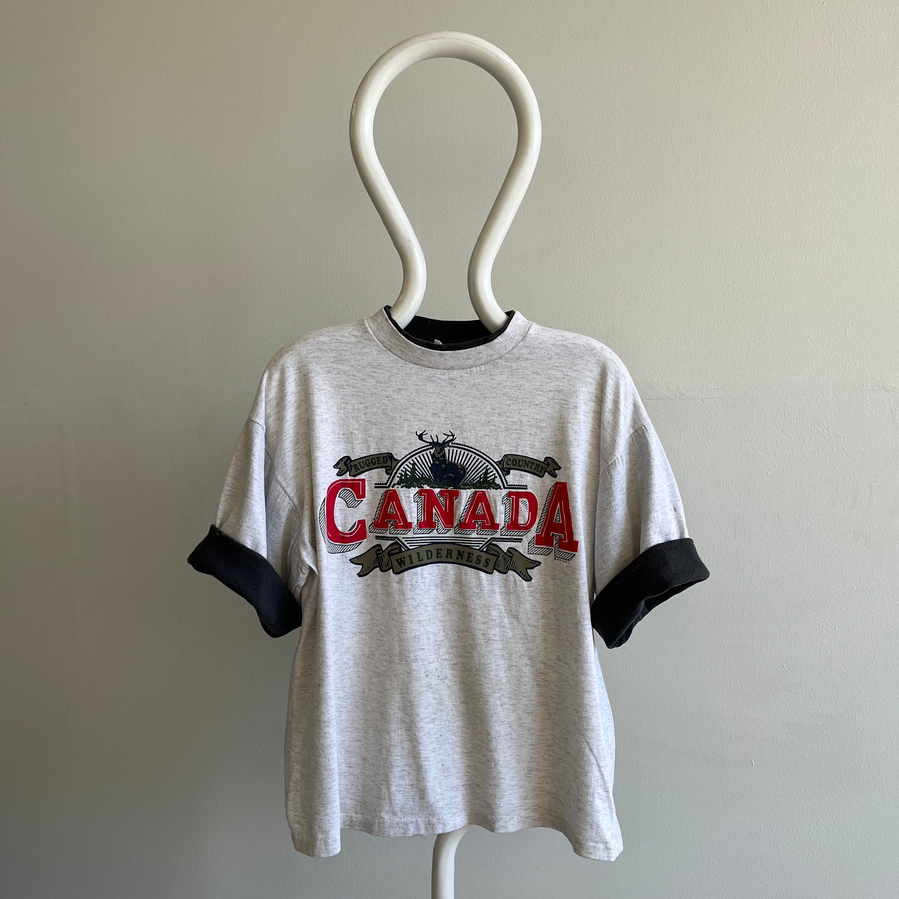 T-shirt carré à manches bicolores Canada Tourist des années 1990